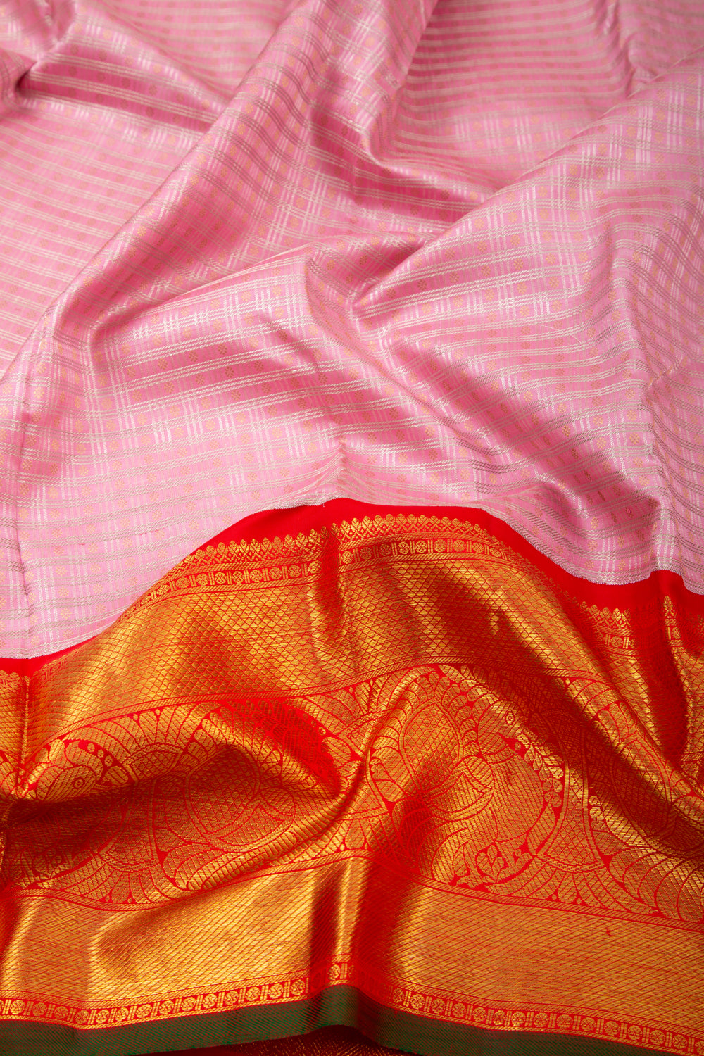 Kanchipuram Silk Checks And Butta Baby Pink Saree