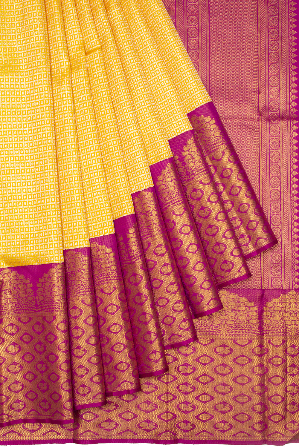 Kanchipuram Silk Checks And Butta Yellow Saree