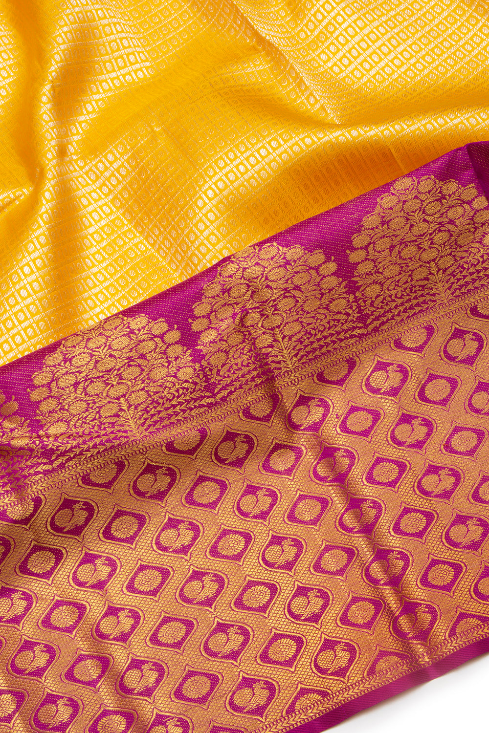 Kanchipuram Silk Checks And Butta Yellow Saree