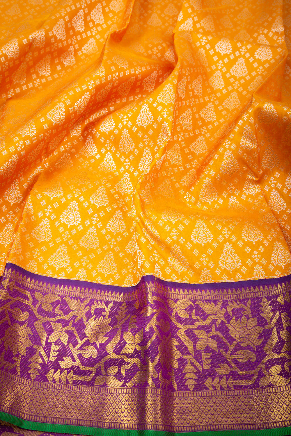 Kanchipuram Silk Criss-Cross Checks And Butta Yellow Saree