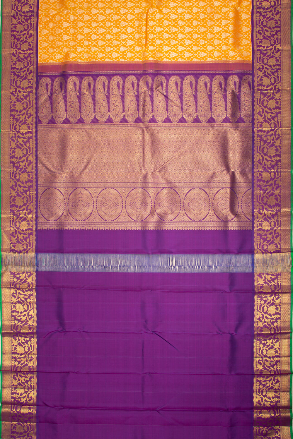Kanchipuram Silk Criss-Cross Checks And Butta Yellow Saree