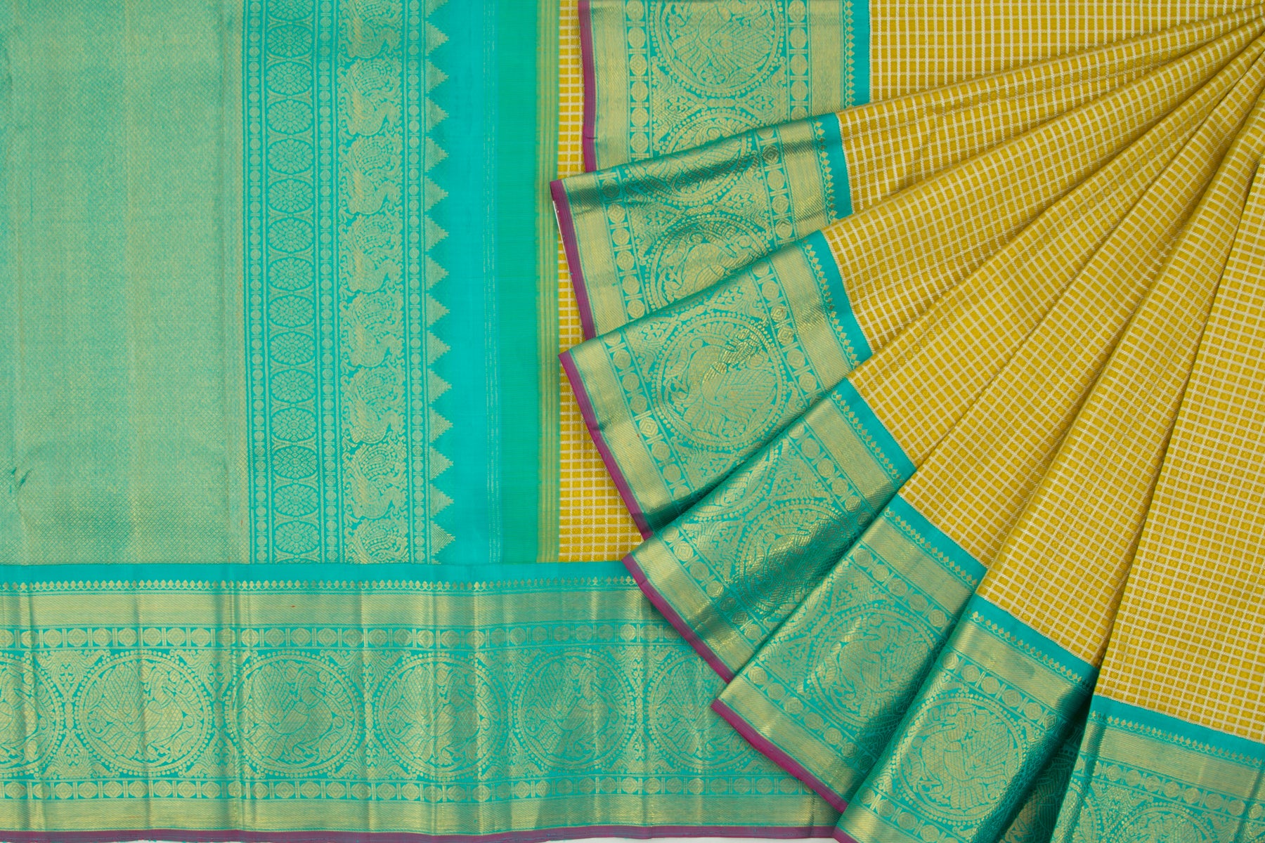 Kanchipuram Silk Checks Mustard Yellow Saree