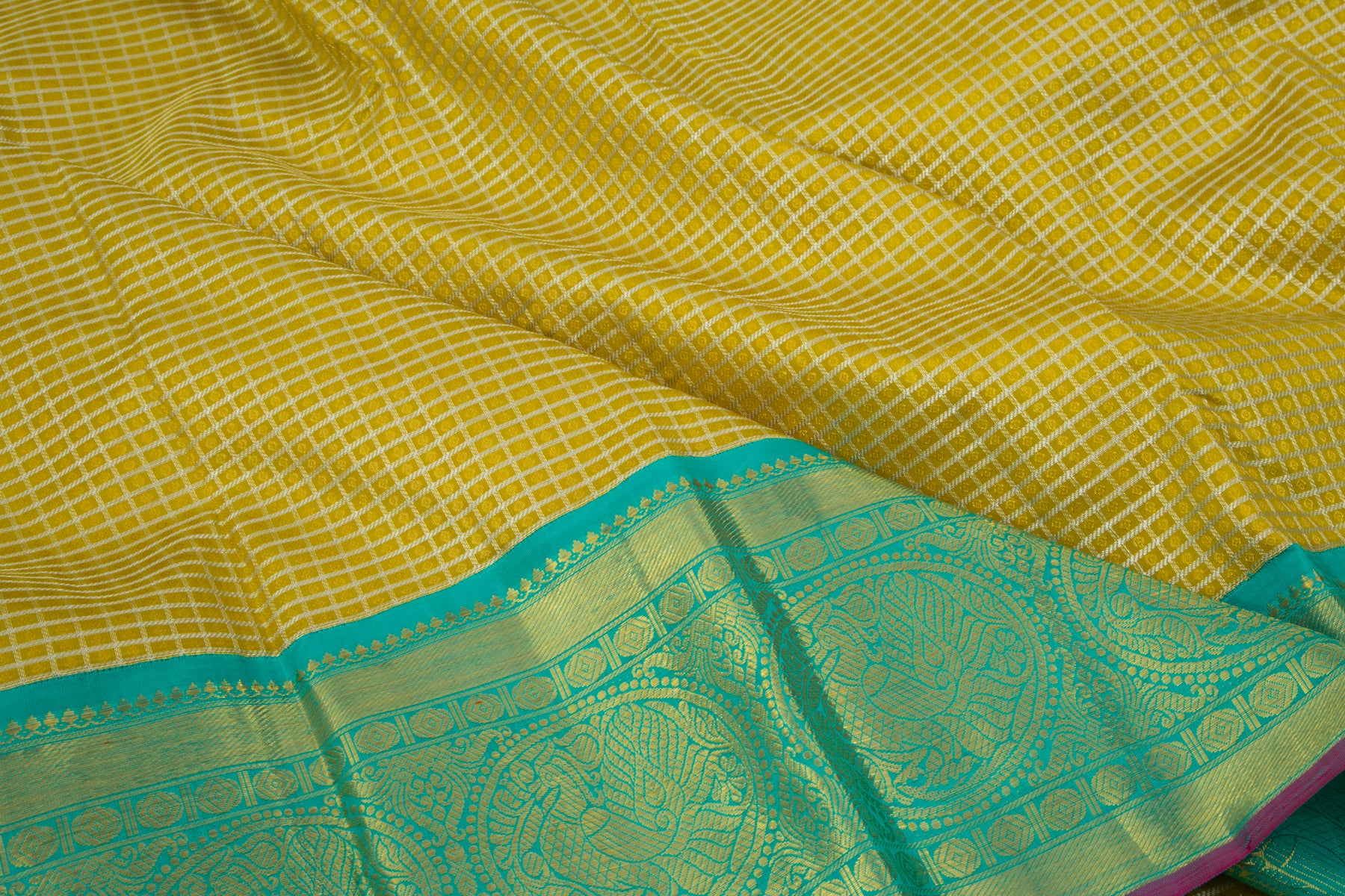 Kanchipuram Silk Checks Mustard Yellow Saree