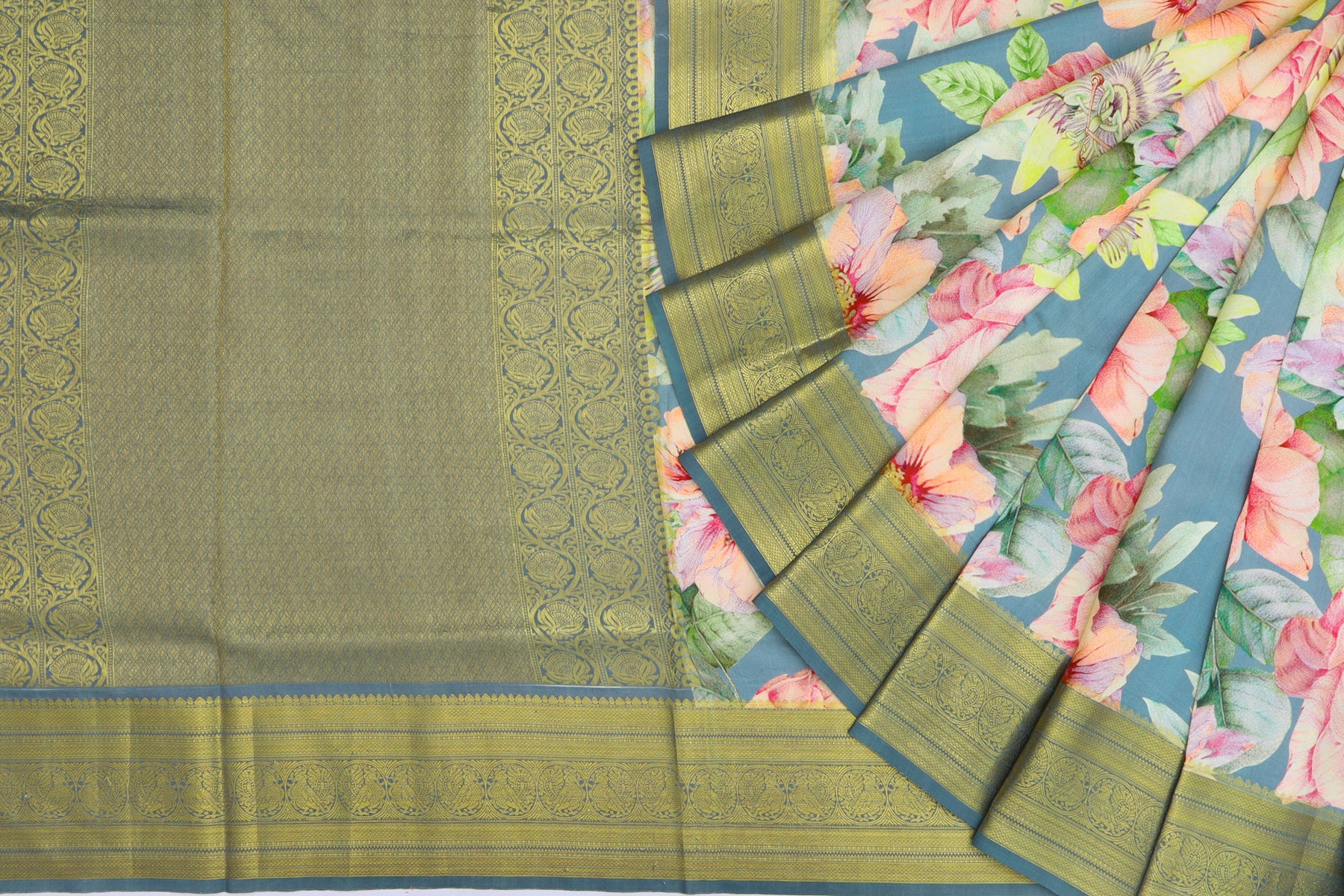 Kanchipuram Silk Floral Printed Blue Saree