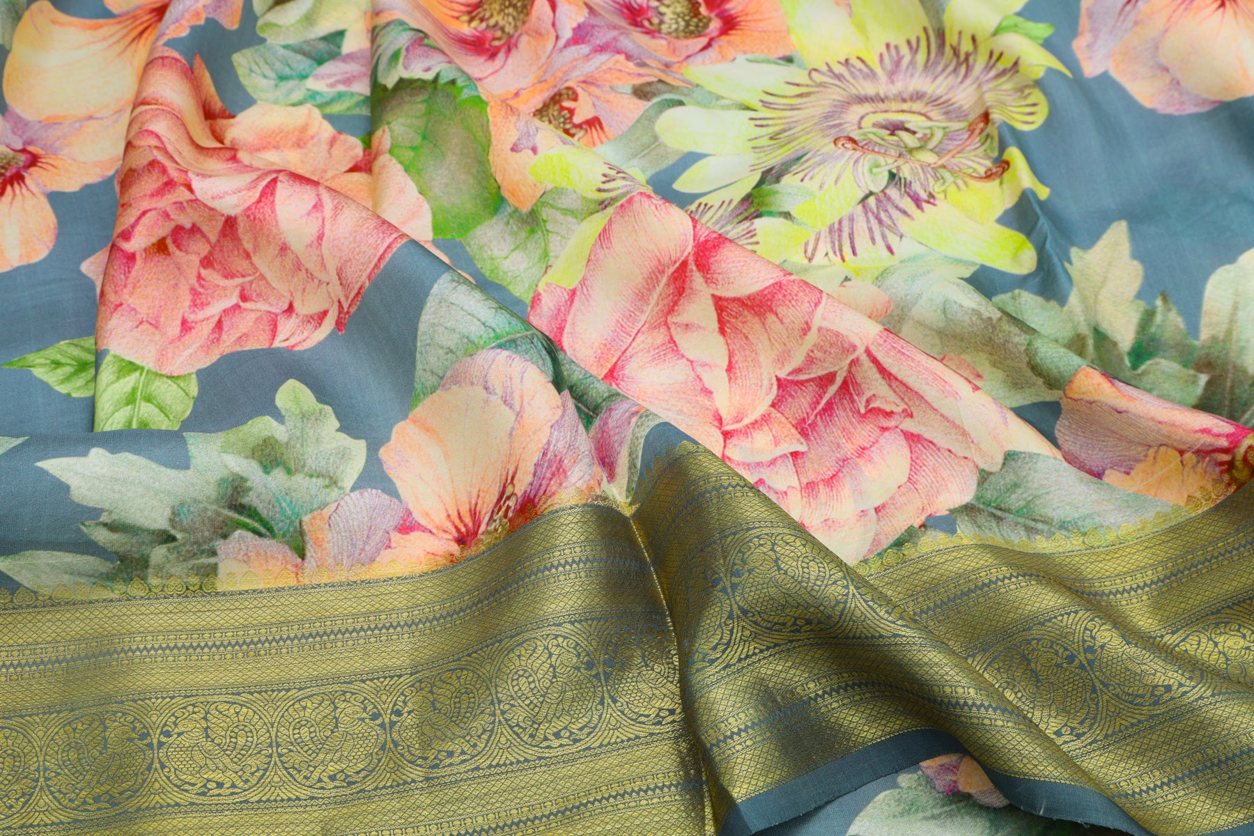 Kanchipuram Silk Floral Printed Blue Saree