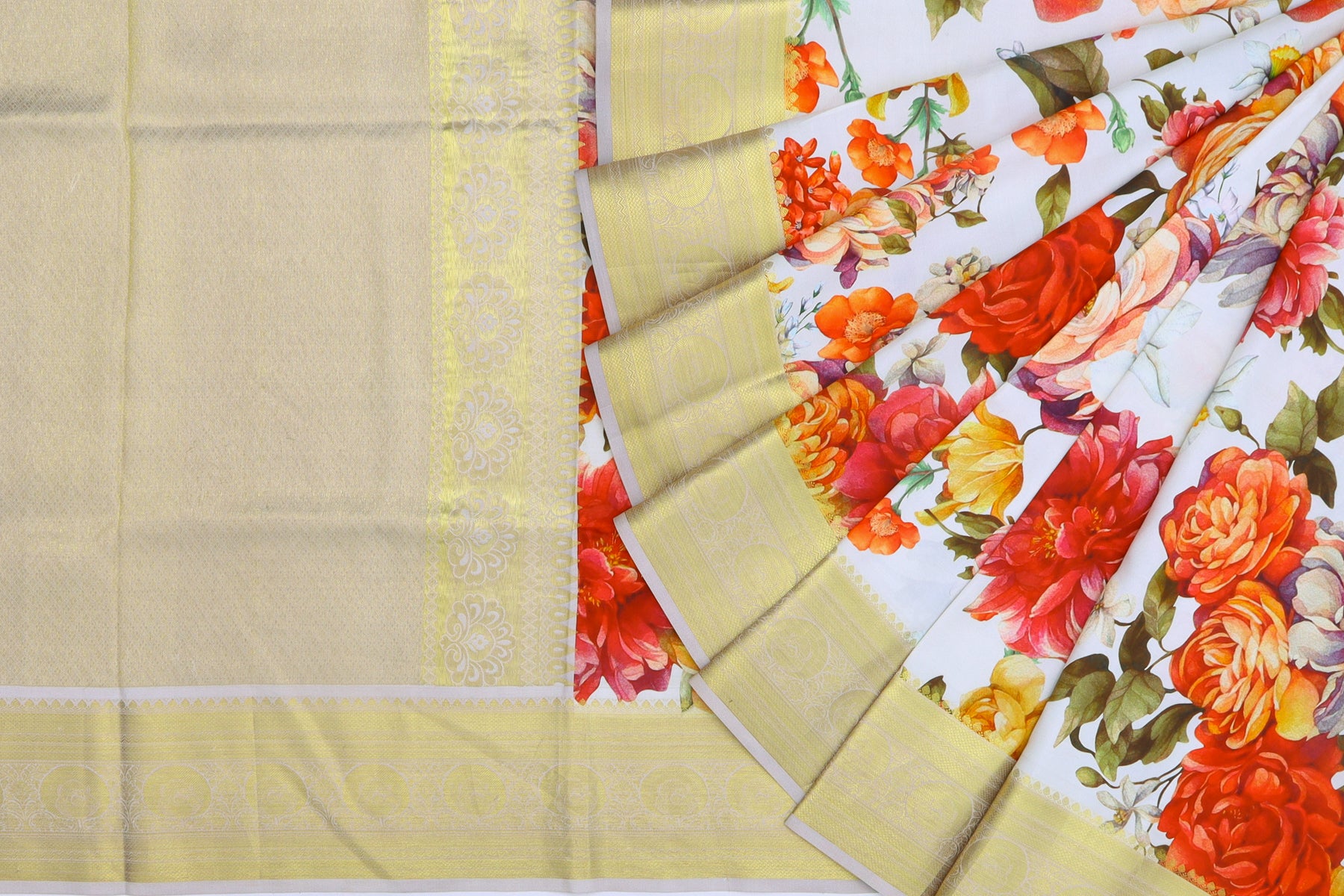 Kanchipuram Silk Floral Printed Off White Saree