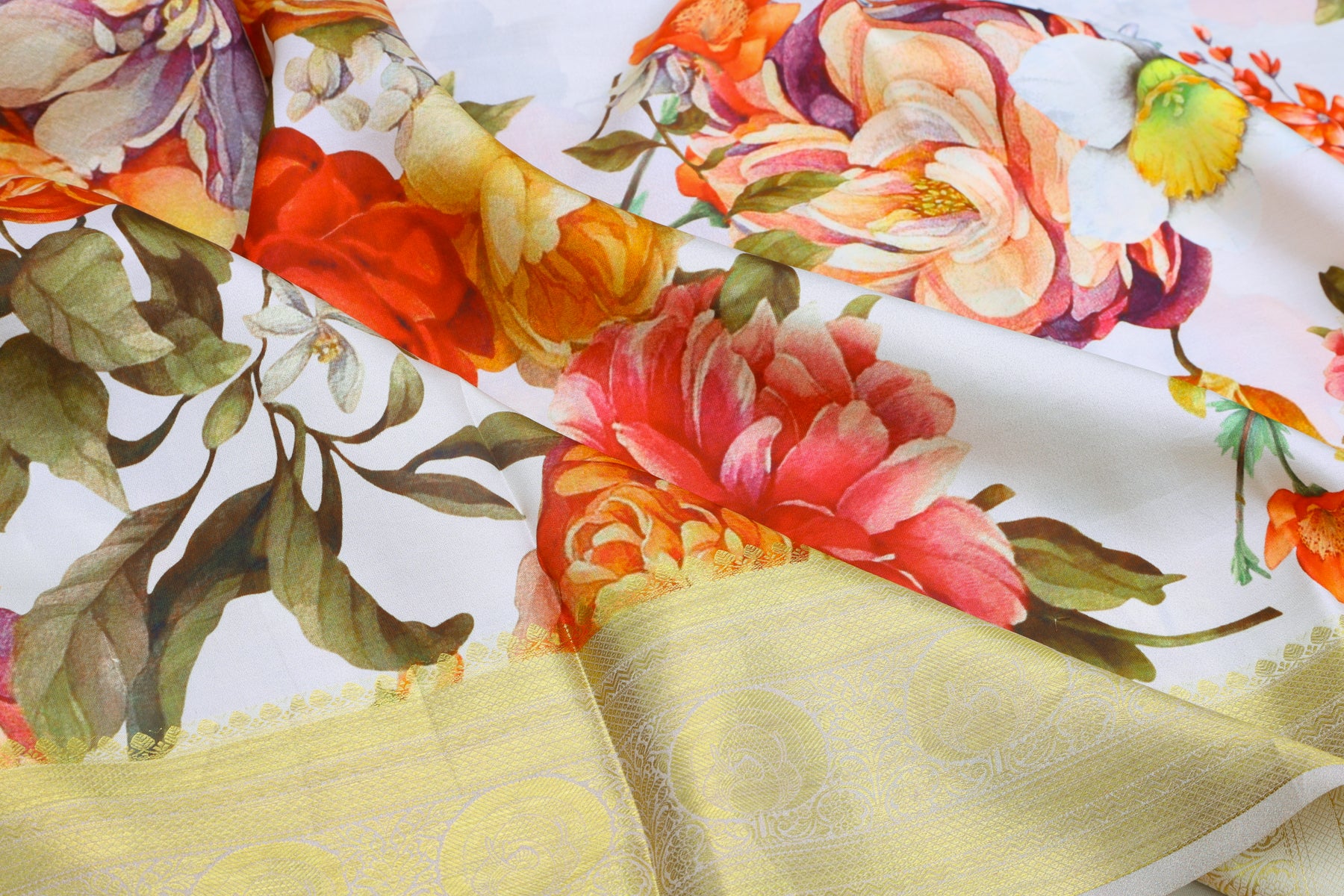 Kanchipuram Silk Floral Printed Off White Saree