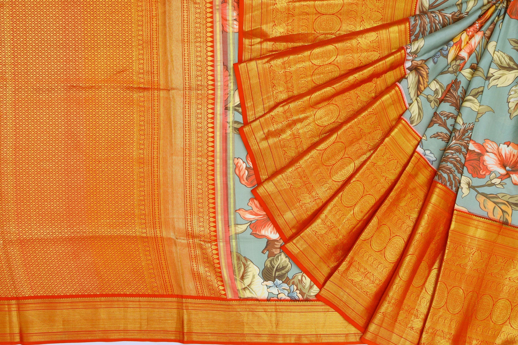 Kanchipuram Silk Floral Printed Blue Saree