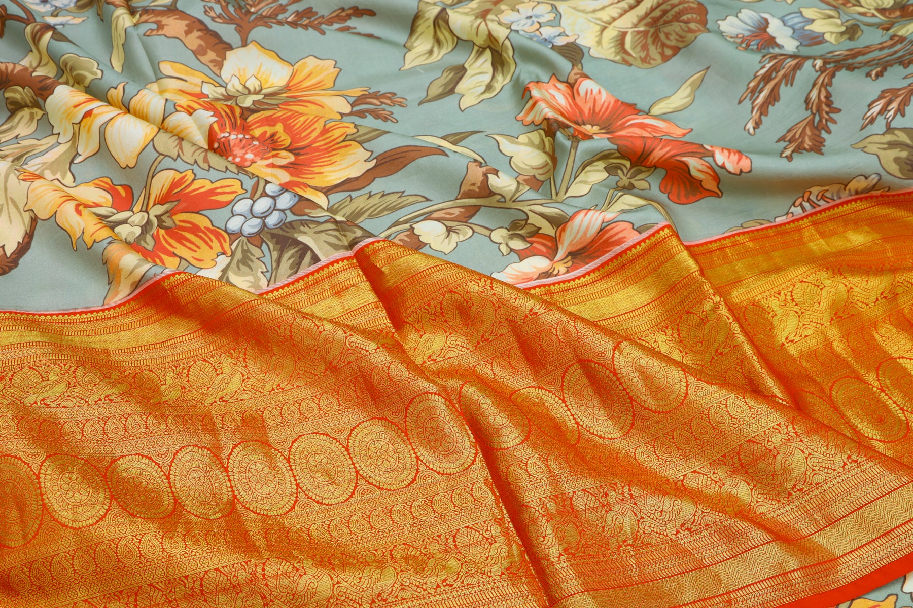 Kanchipuram Silk Floral Printed Blue Saree