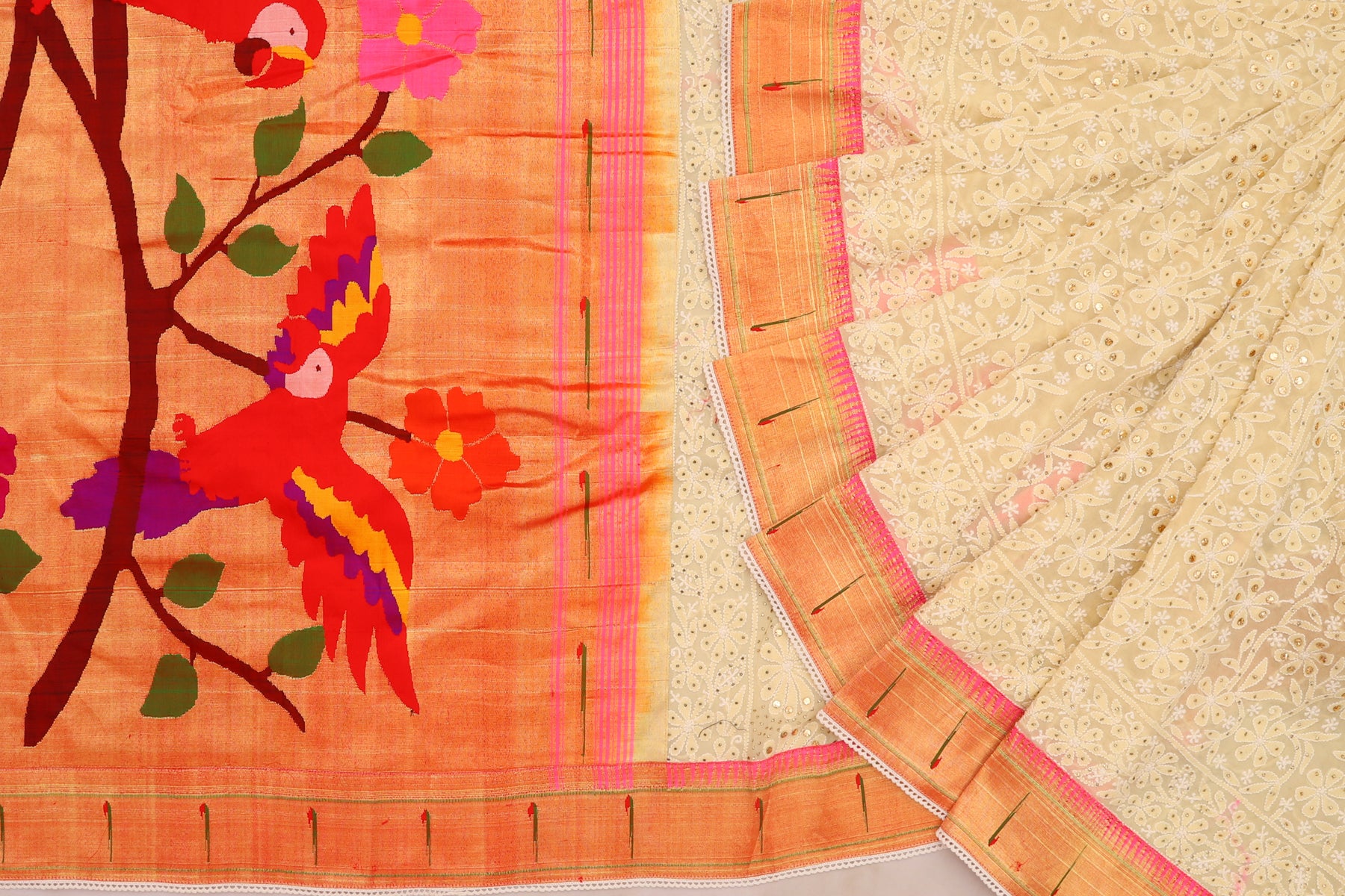 Lucknow Chikankari Georgette Pastel Yellow Saree With Attached Paithani Border