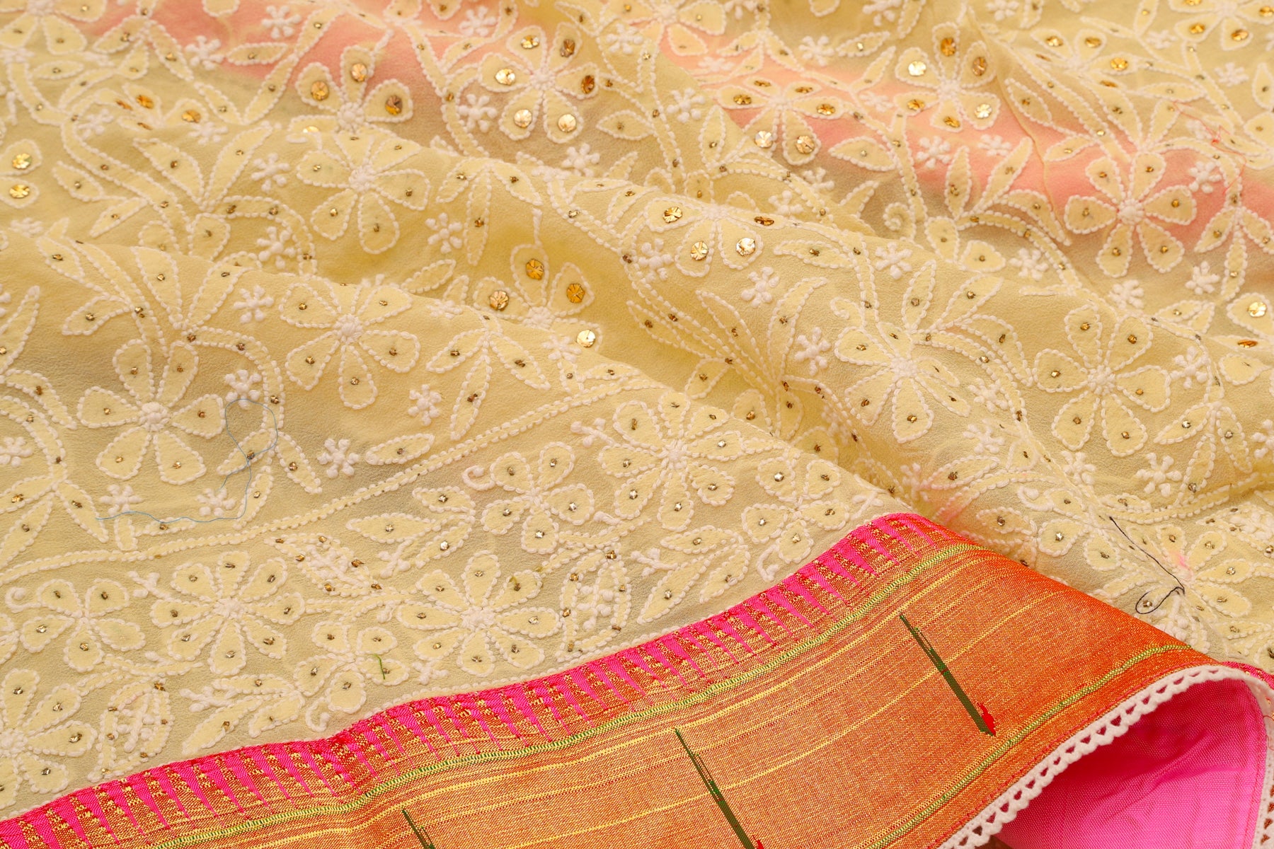 Lucknow Chikankari Georgette Pastel Yellow Saree With Attached Paithani Border
