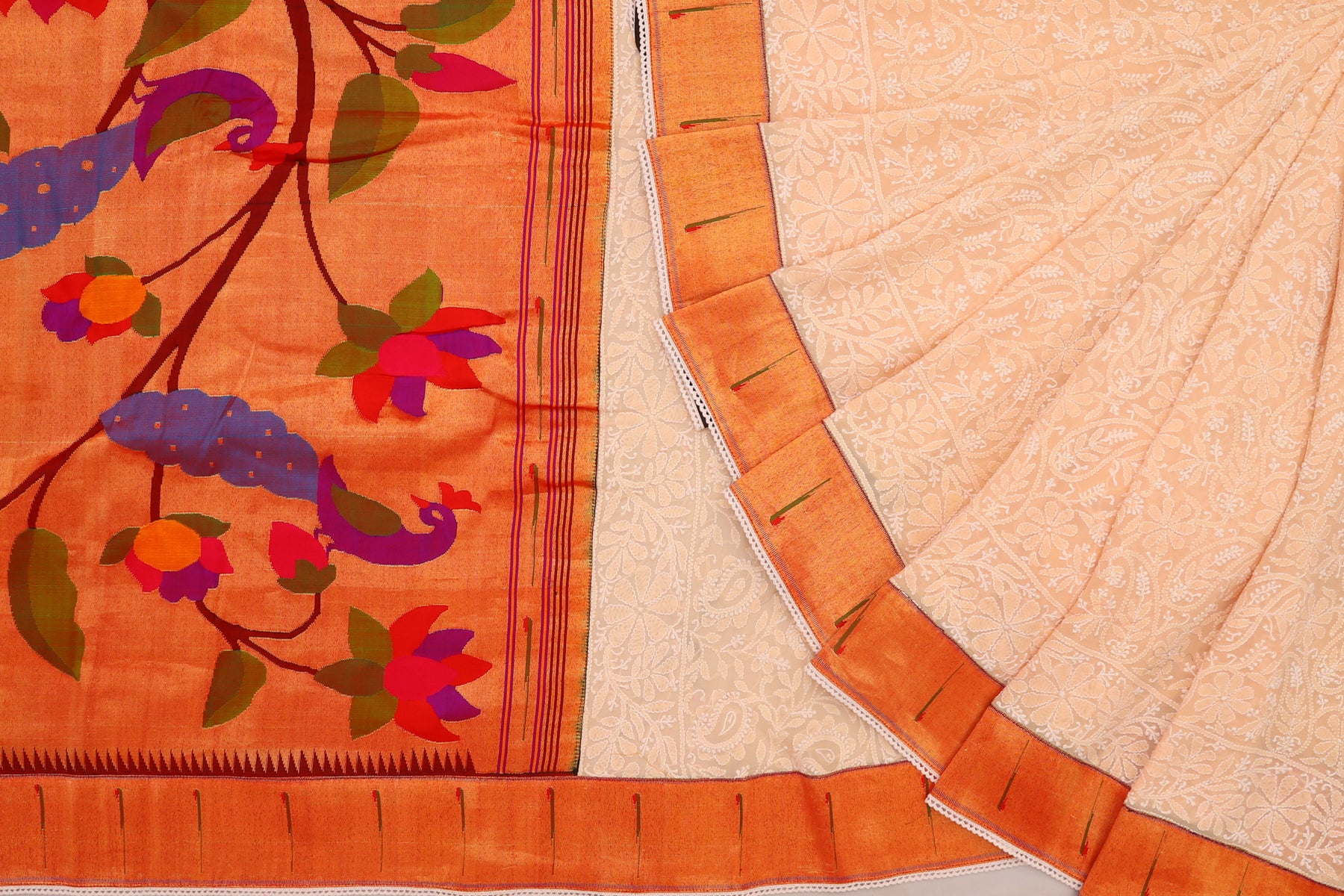 Lucknow Chikankari Georgette Pastel Orange Saree With Attached Paithani Border