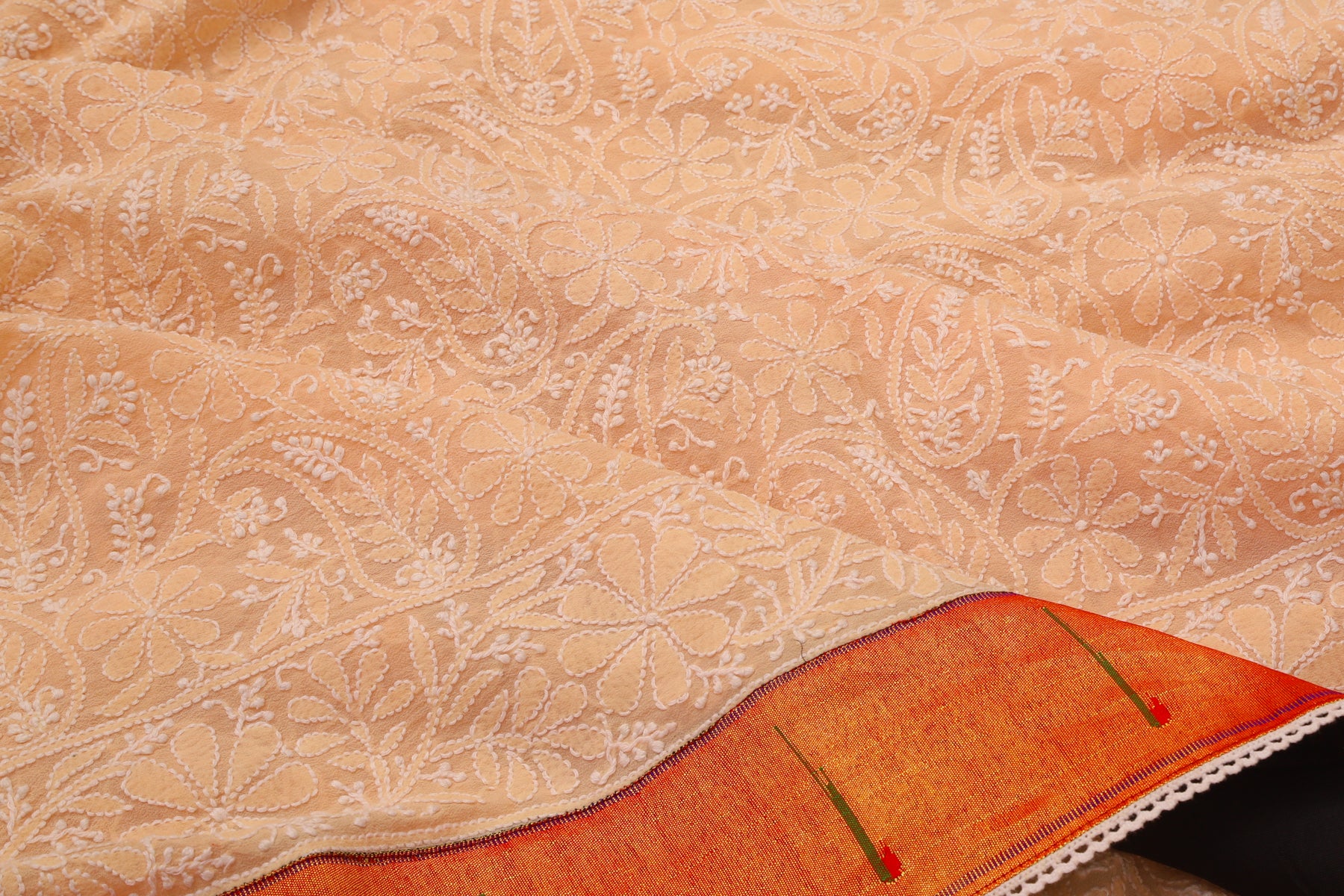 Lucknow Chikankari Georgette Pastel Orange Saree With Attached Paithani Border