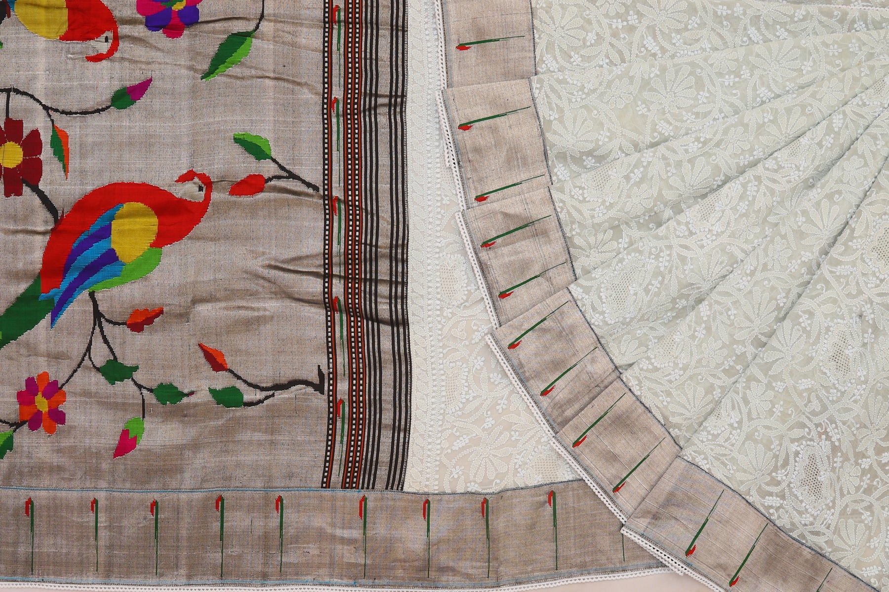 Lucknow Chikankari Georgette Grey Saree With Attached Paithani Border