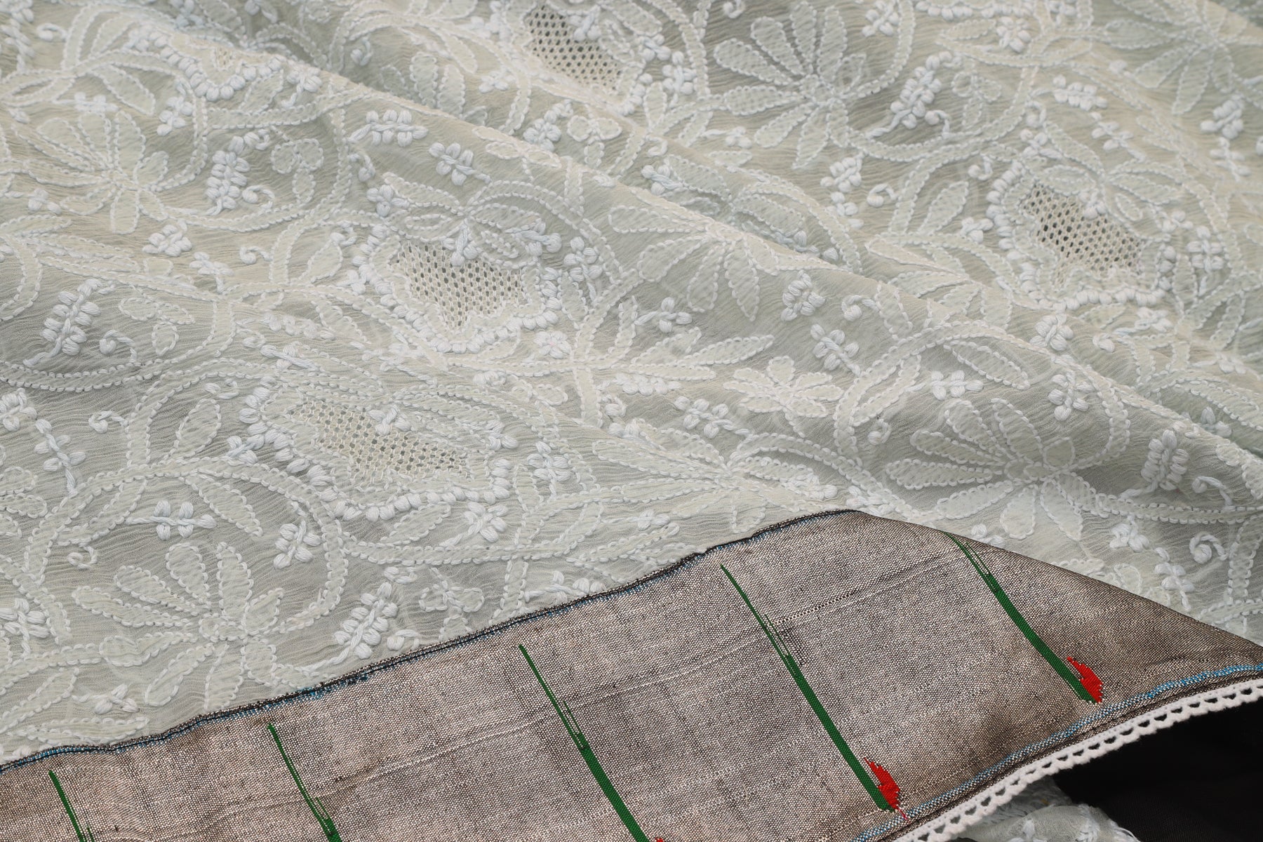 Lucknow Chikankari Georgette Grey Saree With Attached Paithani Border