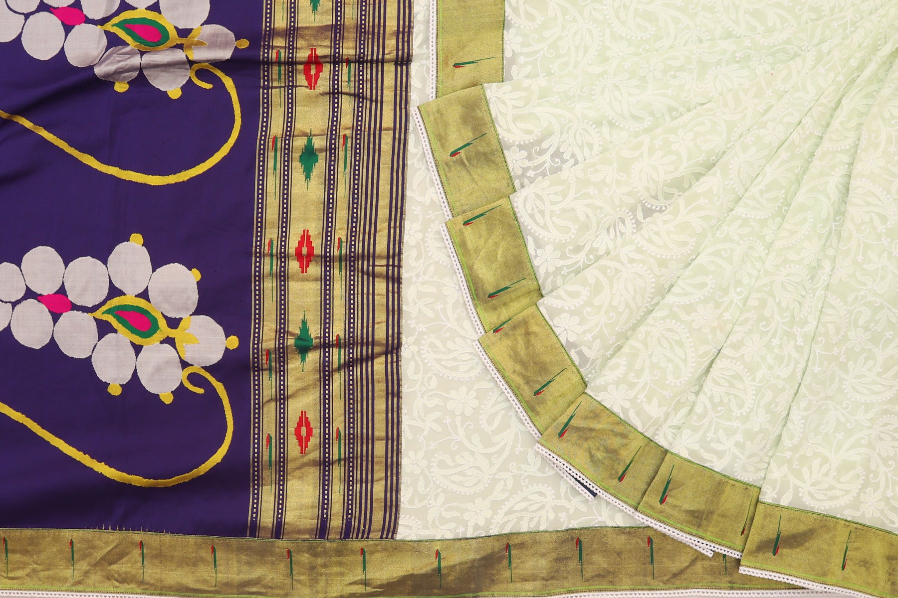 Lucknow Chikankari Georgette Pastel Green Saree With Attached Paithani Border