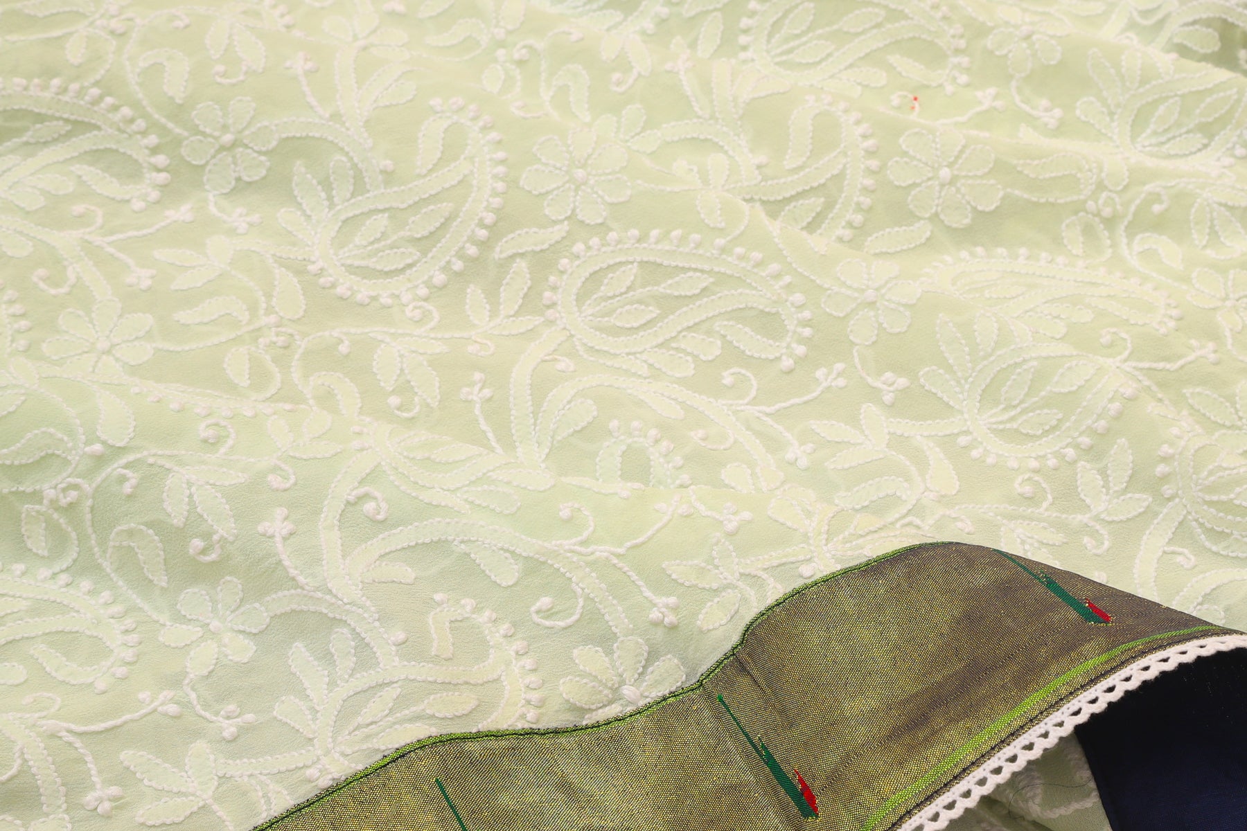 Lucknow Chikankari Georgette Pastel Green Saree With Attached Paithani Border