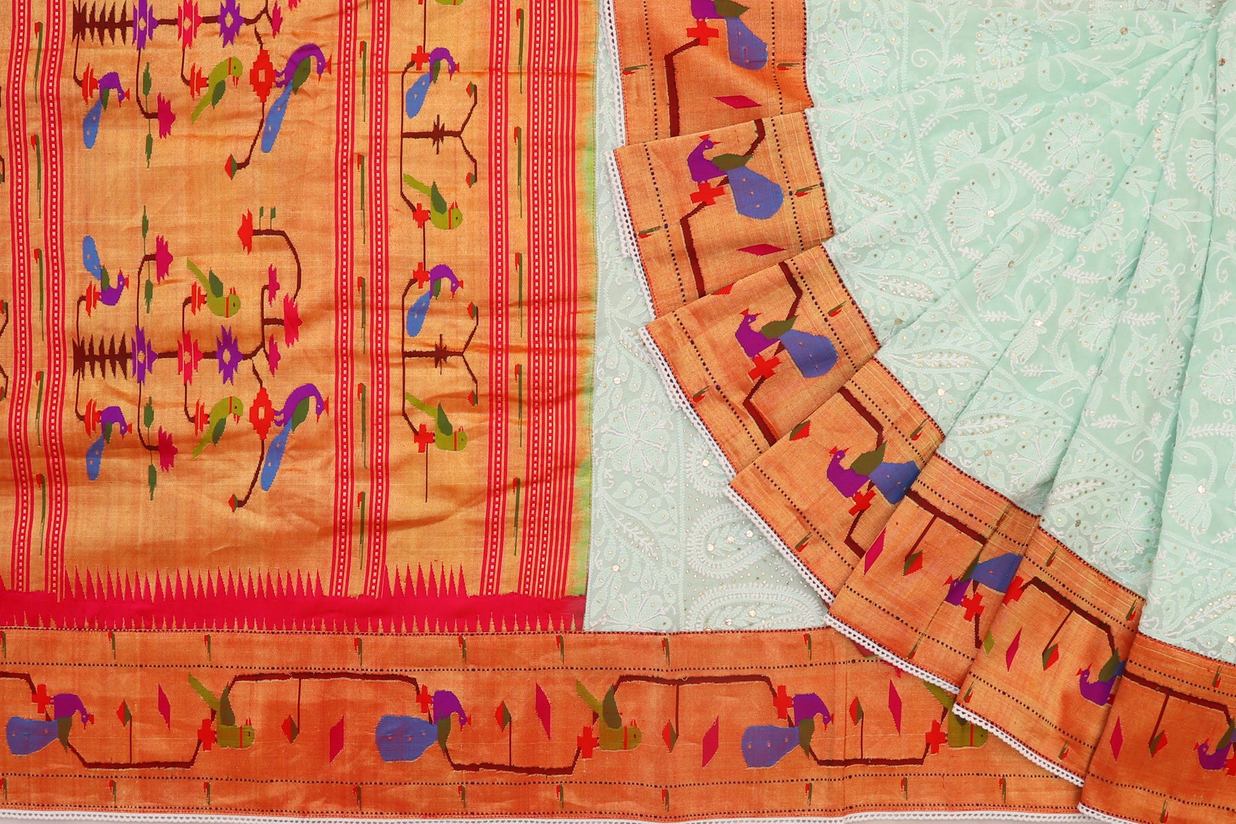Lucknow Chikankari Georgette Pastel Green Saree With Attached Paithani Border