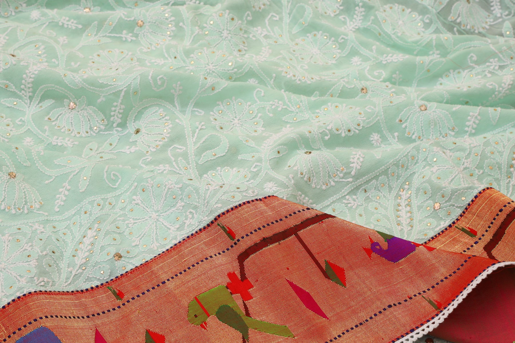 Lucknow Chikankari Georgette Pastel Green Saree With Attached Paithani Border