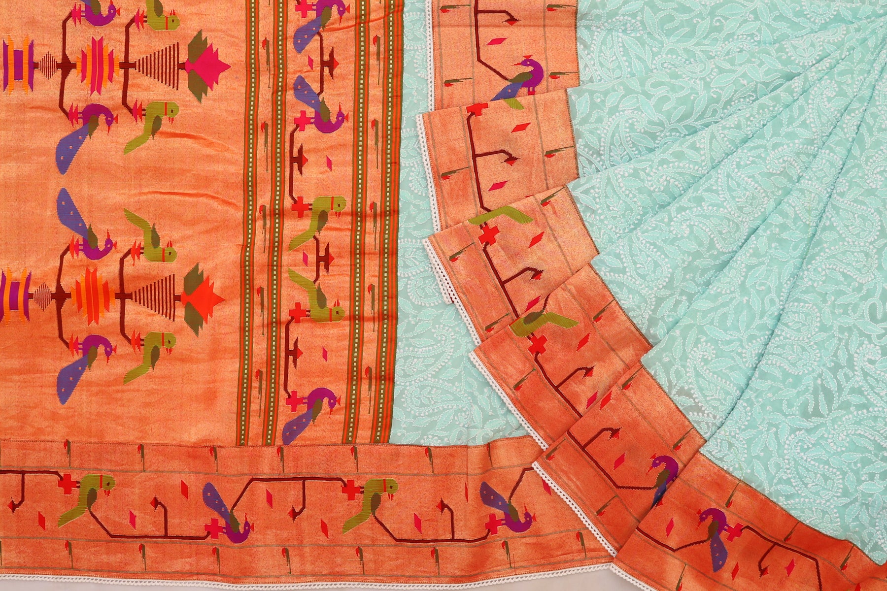 Lucknow Chikankari Georgette Pastel Blue Saree With Attached Paithani Border