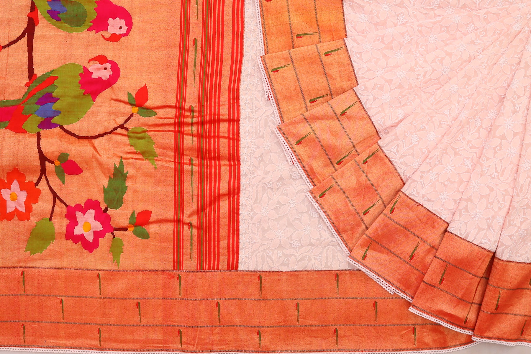 Lucknow Chikankari Georgette Pastel Pink Saree With Attached Paithani Border