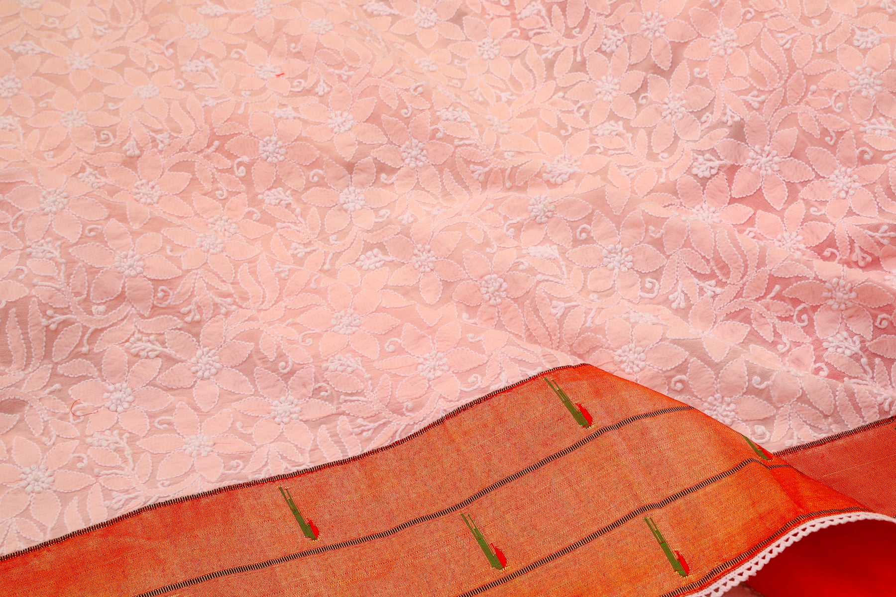 Lucknow Chikankari Georgette Pastel Pink Saree With Attached Paithani Border