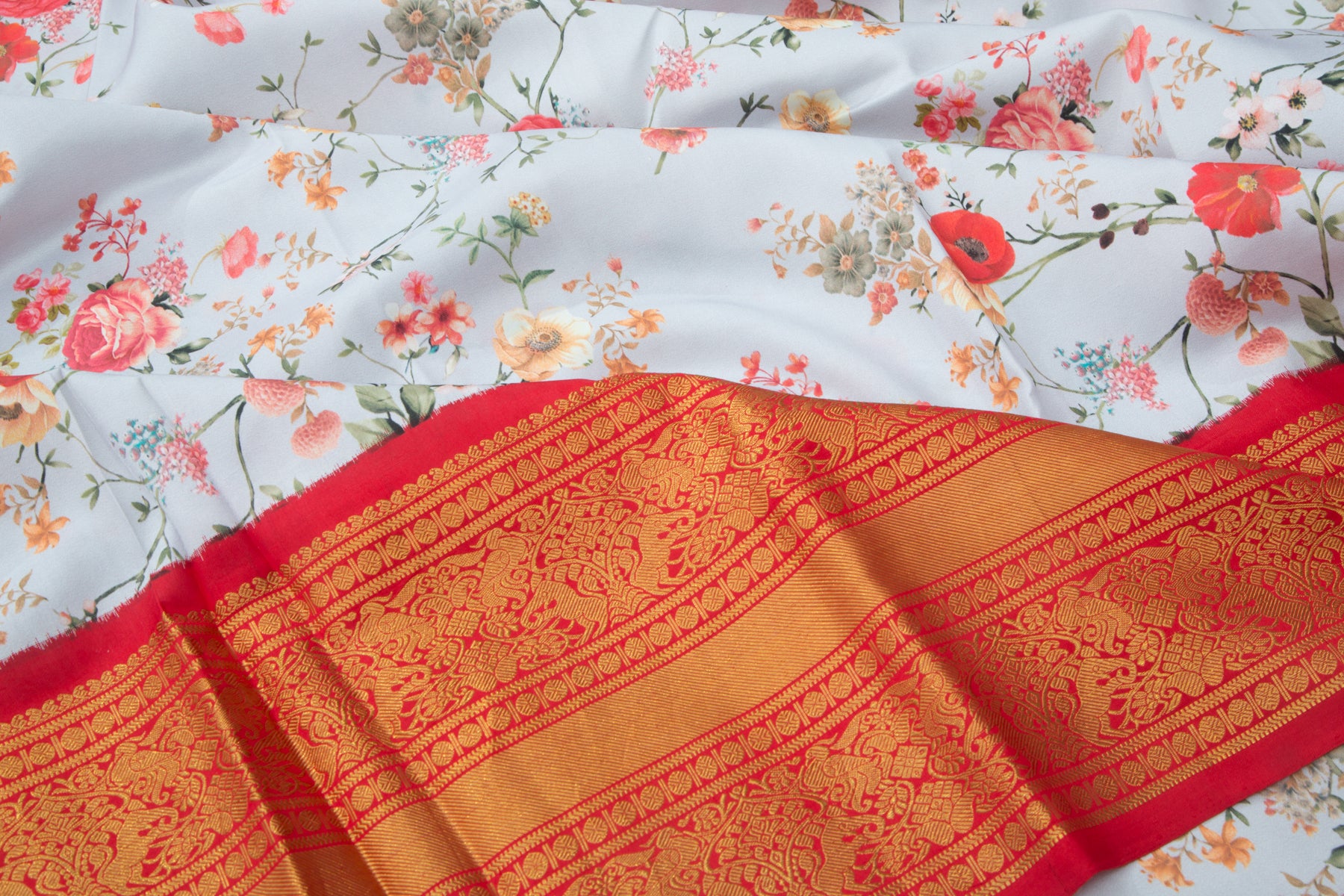 Kanchipuram Silk Floral Printed Pastel Blue Saree