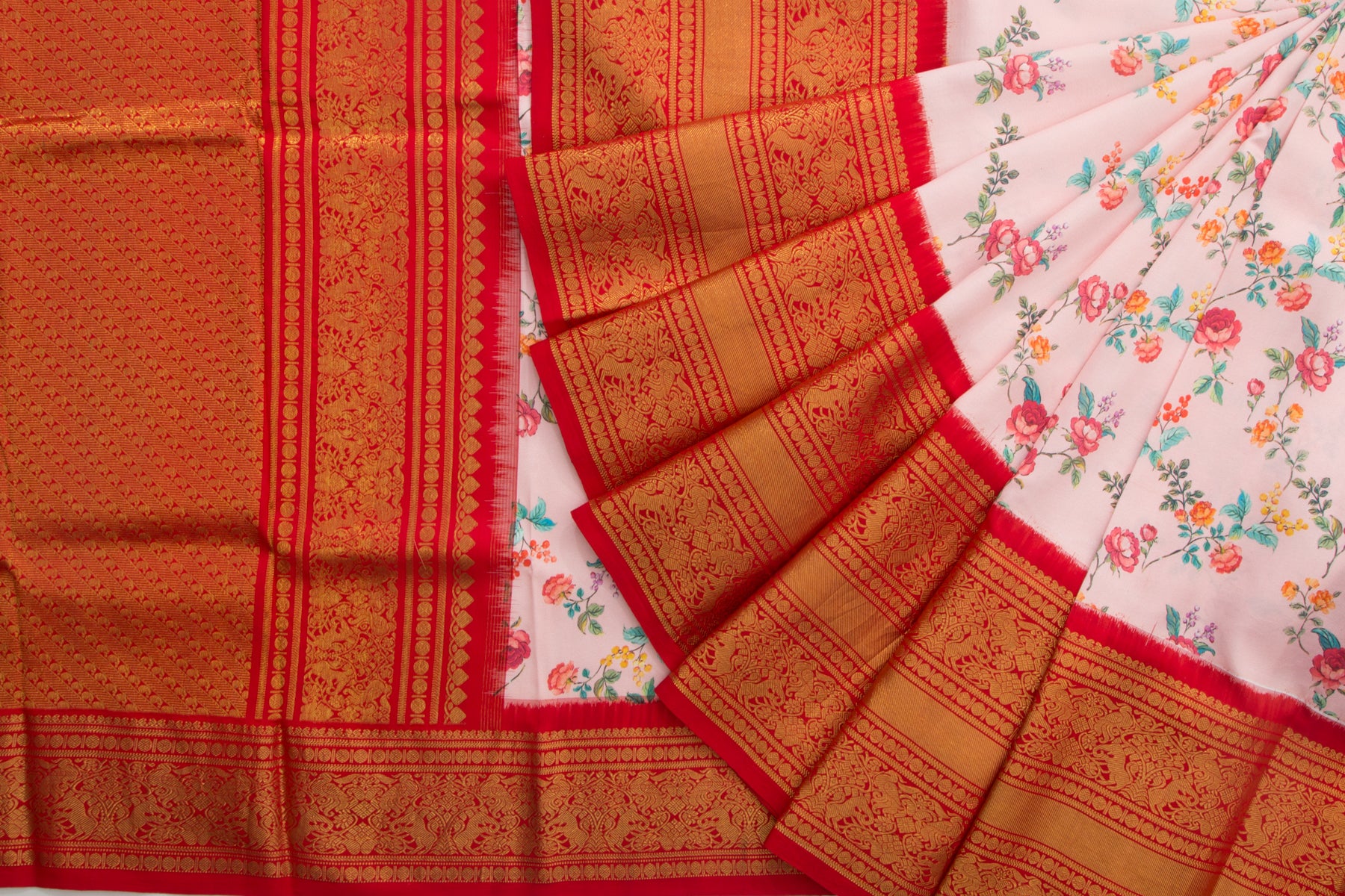 Kanchipuram Silk Floral Printed Pastel Pink Saree