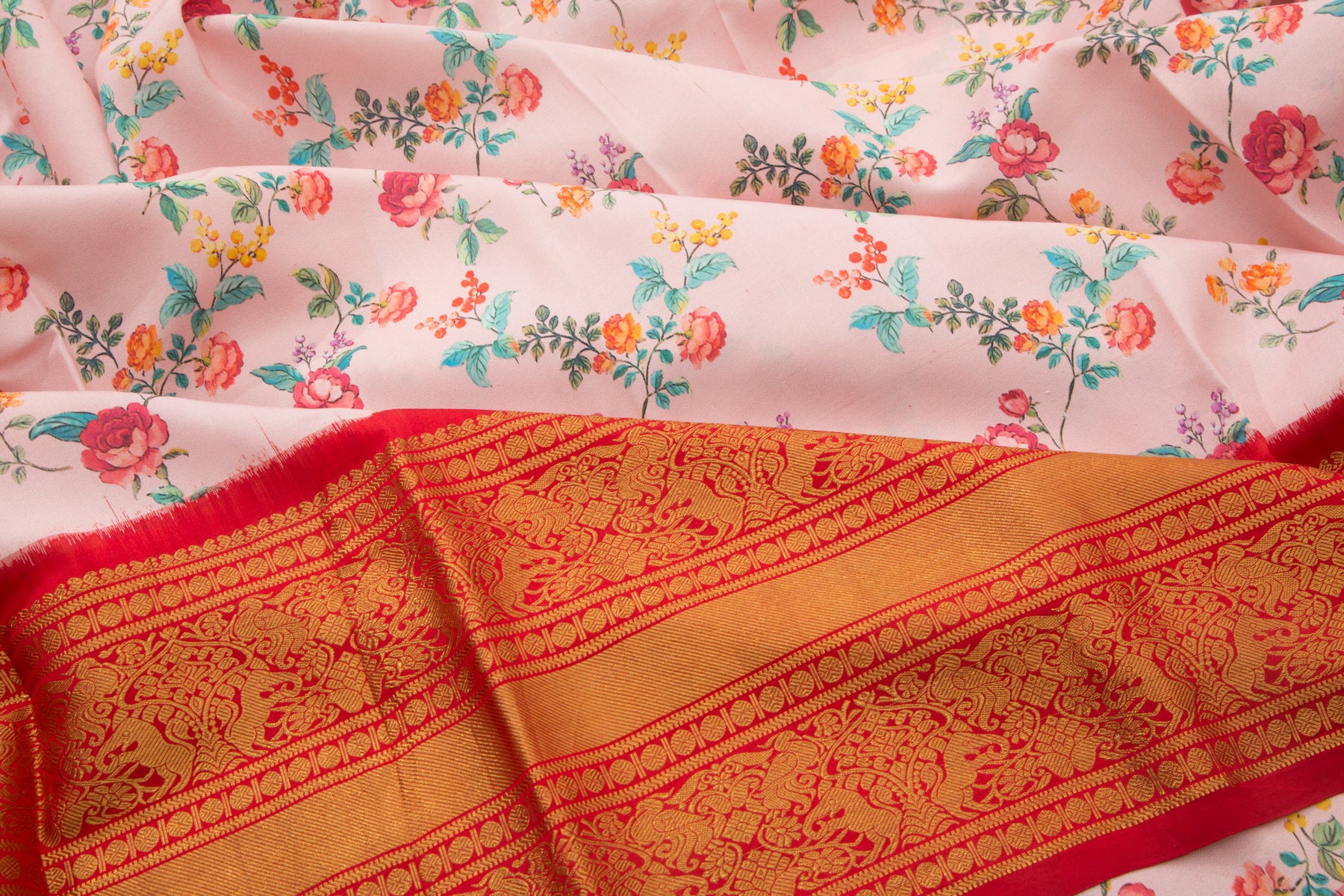 Kanchipuram Silk Floral Printed Pastel Pink Saree