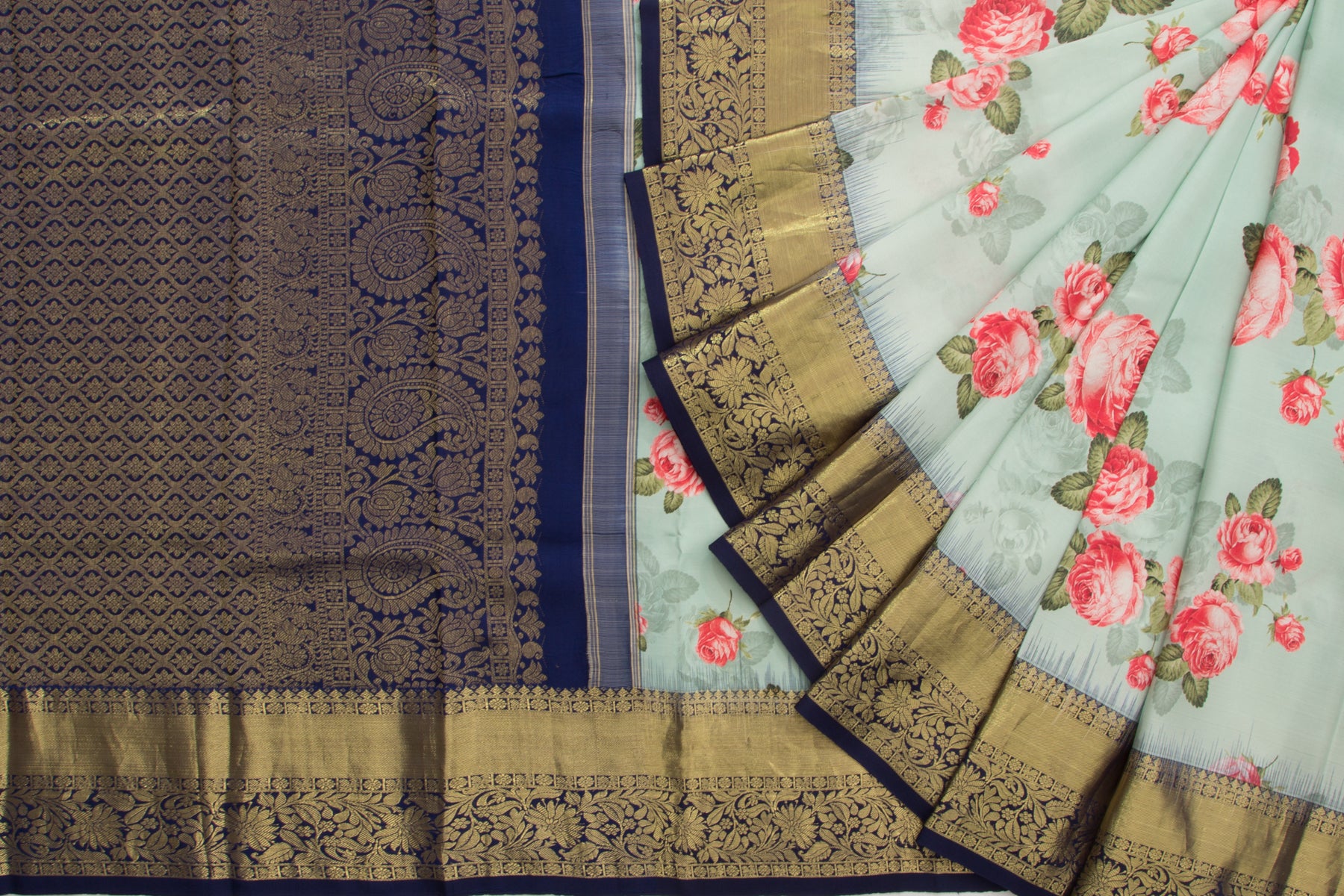 Kanchipuram Silk Floral Printed Pastel Blue Saree