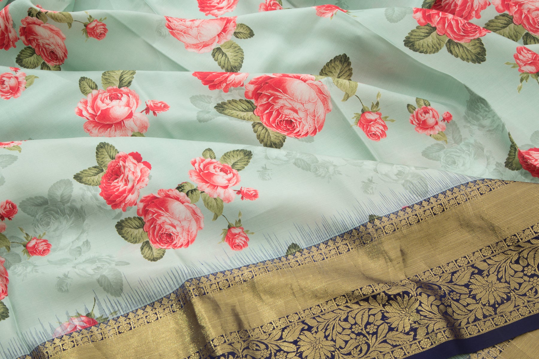 Kanchipuram Silk Floral Printed Pastel Blue Saree