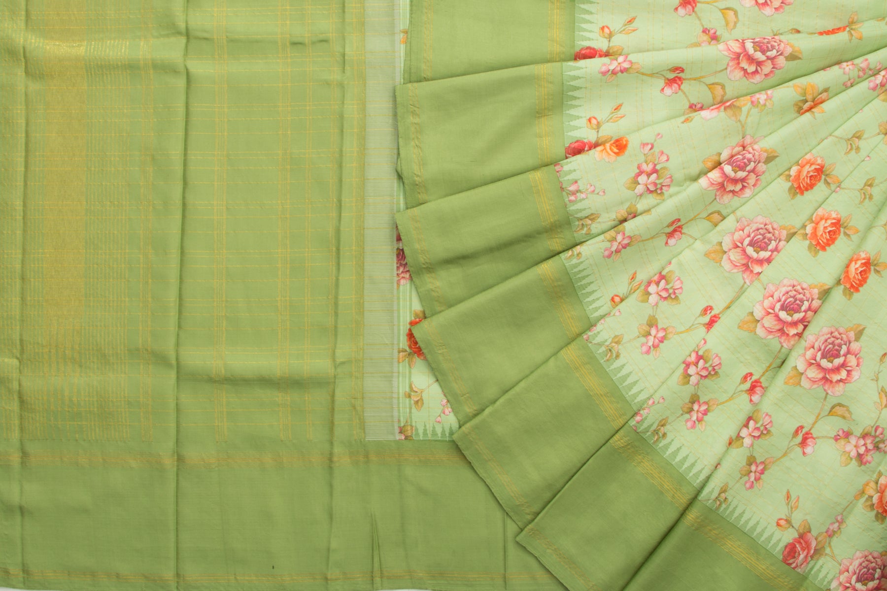 Kanchipuram Silk Floral Printed Patel Green Saree