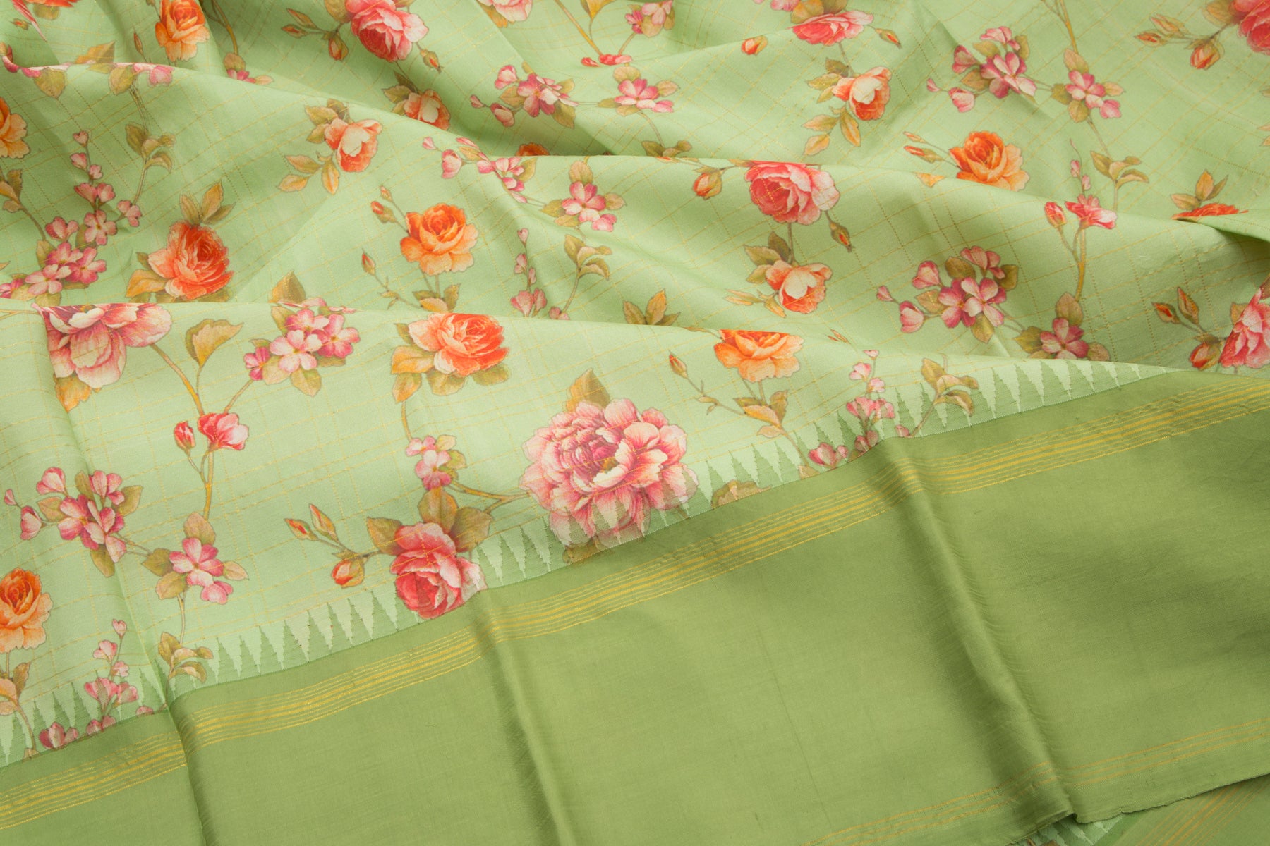 Kanchipuram Silk Floral Printed Patel Green Saree