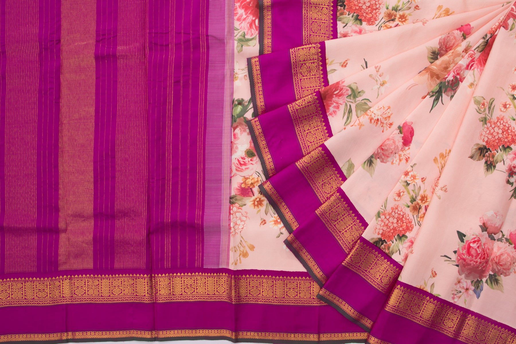 Kanchipuram Silk Floral Printed Pink Saree