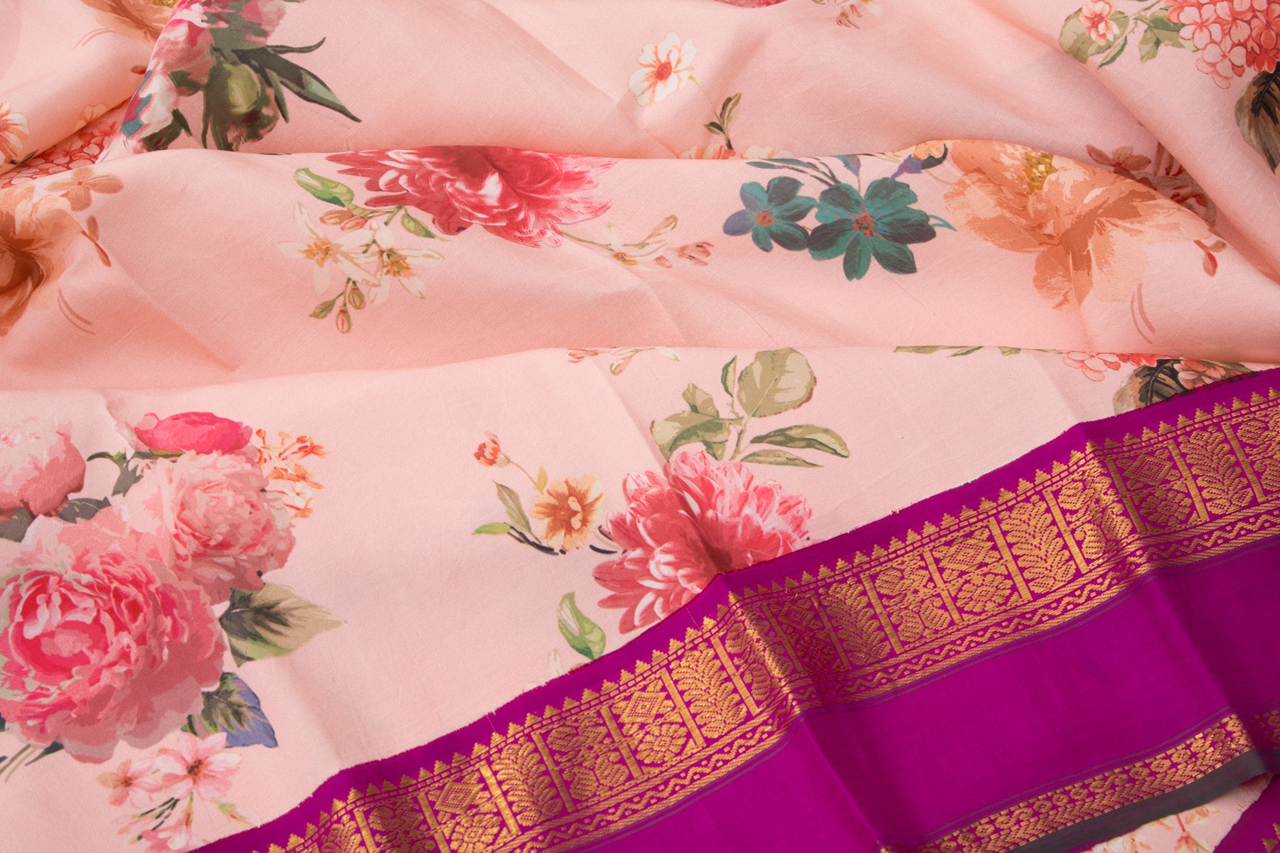 Kanchipuram Silk Floral Printed Pink Saree