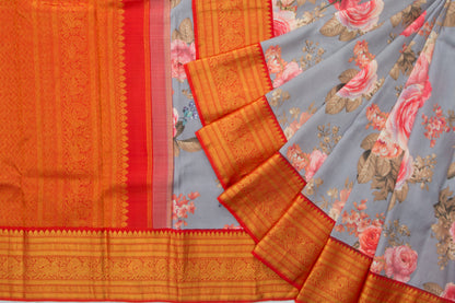 Kanchipuram Silk Floral Printed Grey Saree/5160962_2.jpg