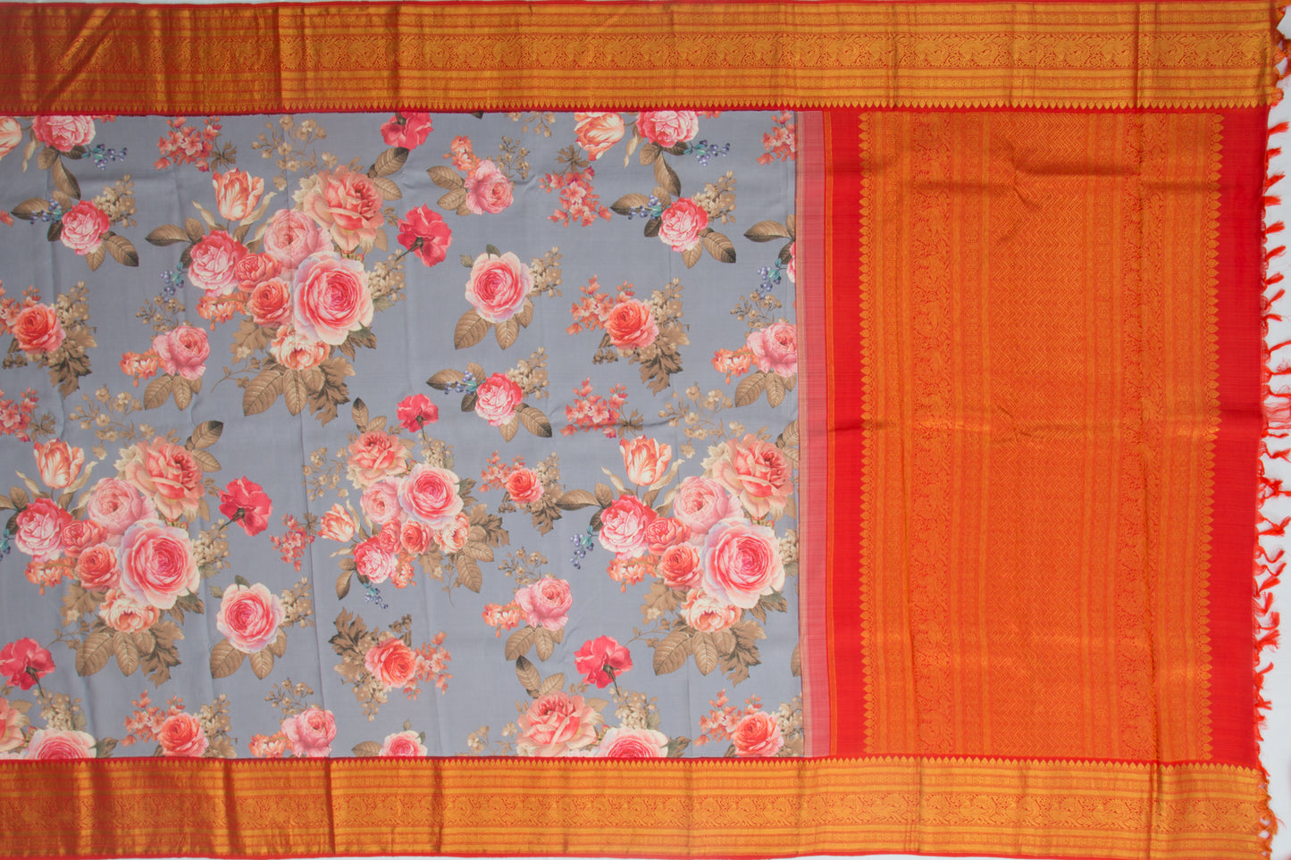 Kanchipuram Silk Floral Printed Grey Saree