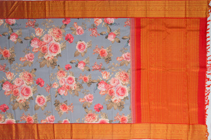 Kanchipuram Silk Floral Printed Grey Saree