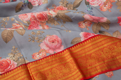 Kanchipuram Silk Floral Printed Grey Saree