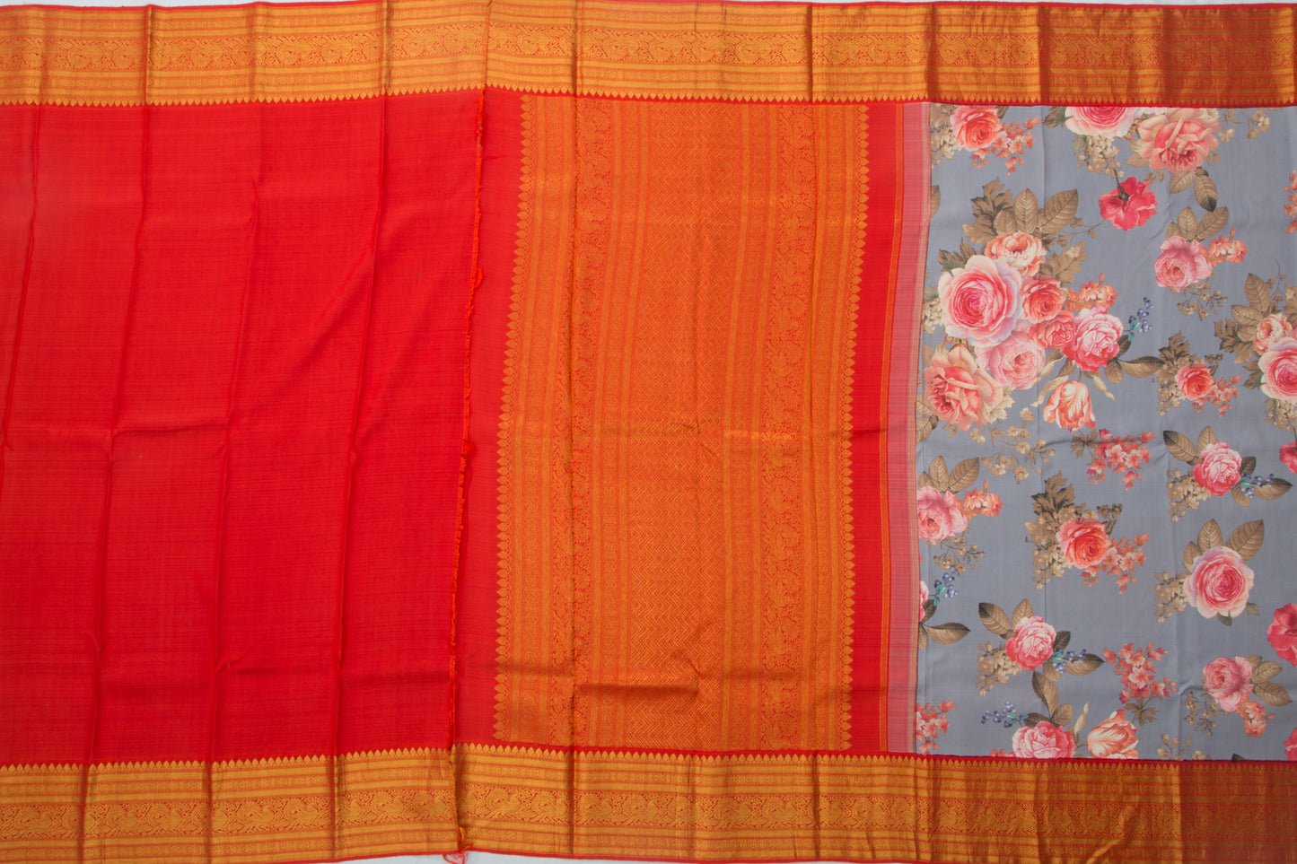 Kanchipuram Silk Floral Printed Grey Saree