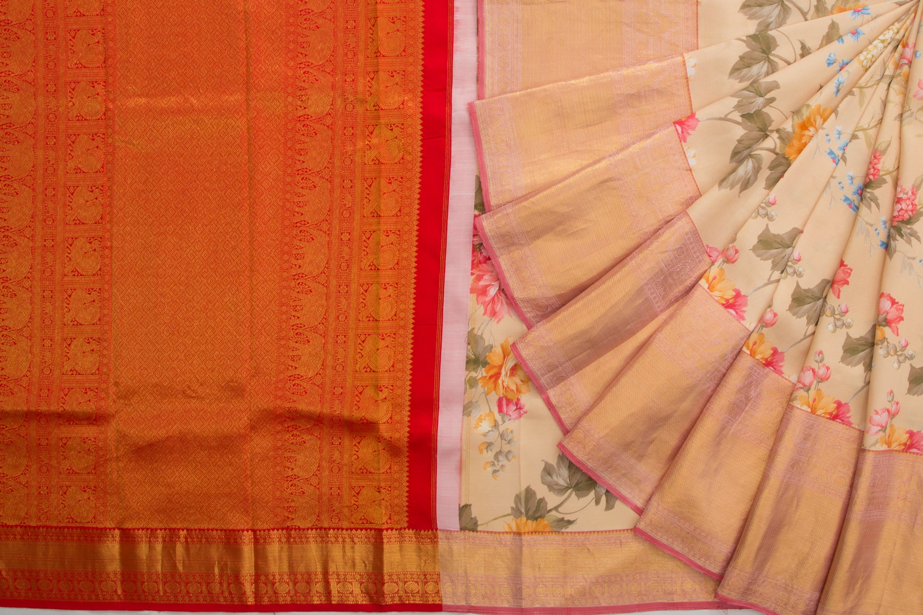 Kanchipuram Silk Floral Printed Cream Saree
