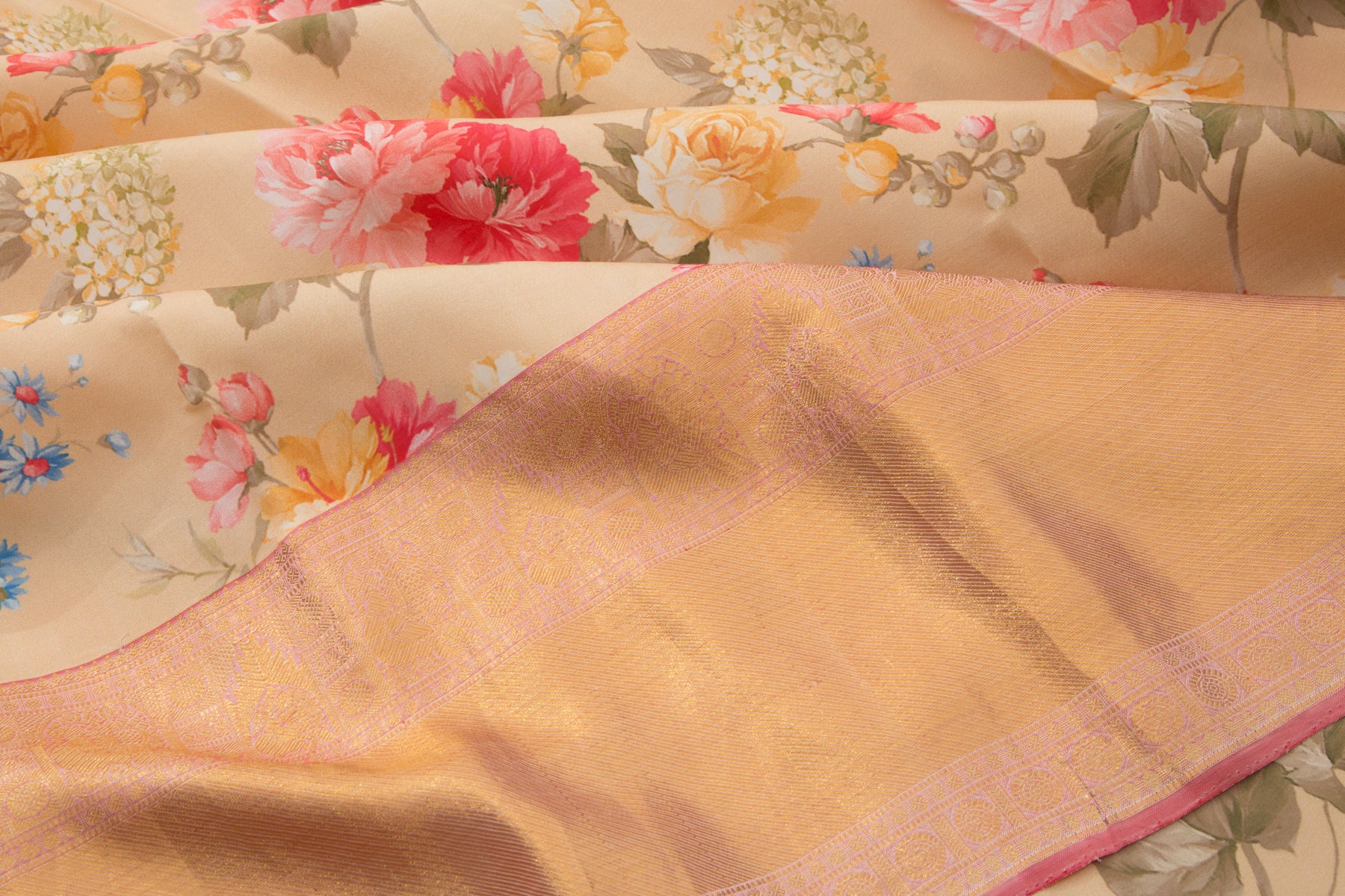 Kanchipuram Silk Floral Printed Cream Saree