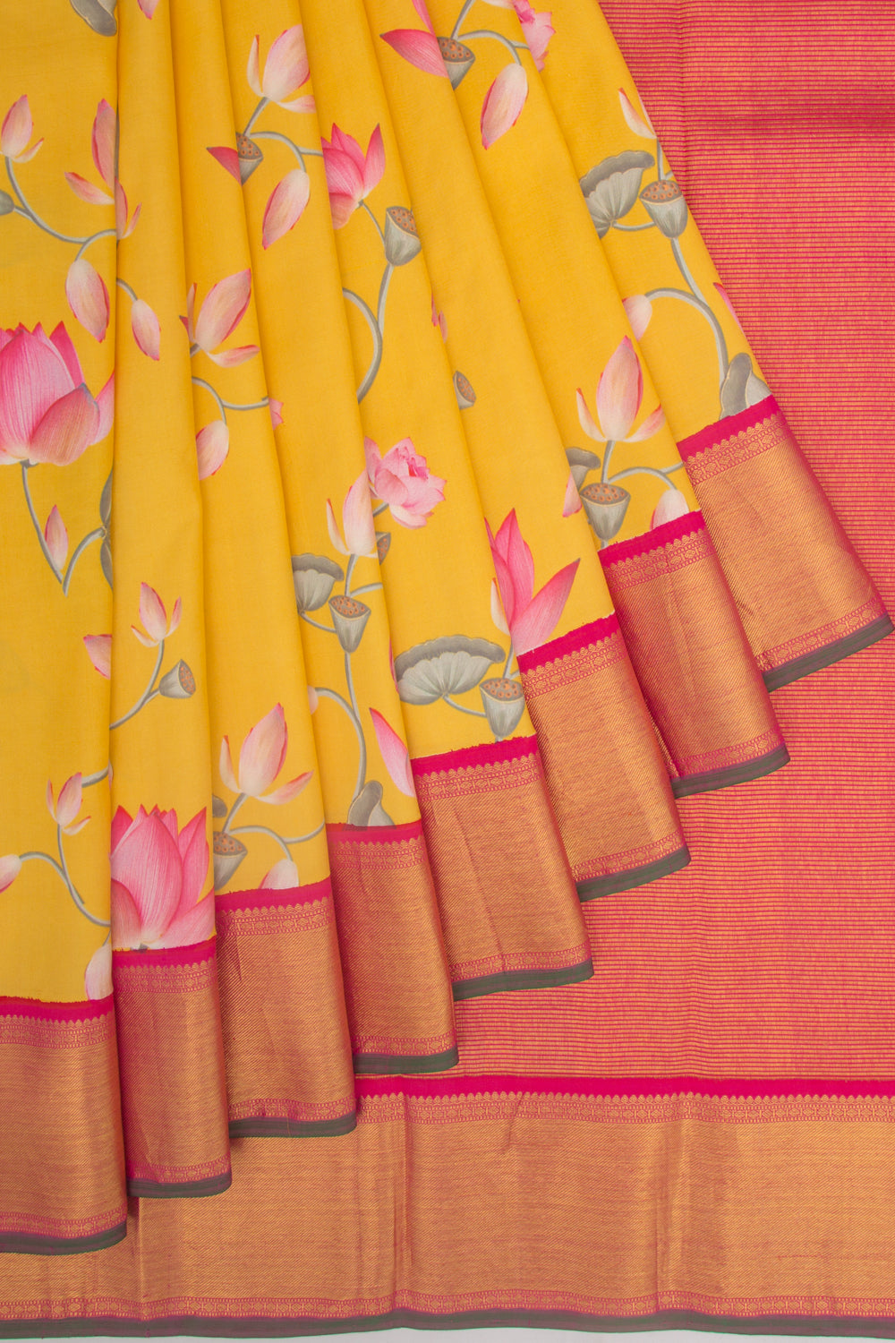Kanchipuram Silk Floral Printed Yellow Saree