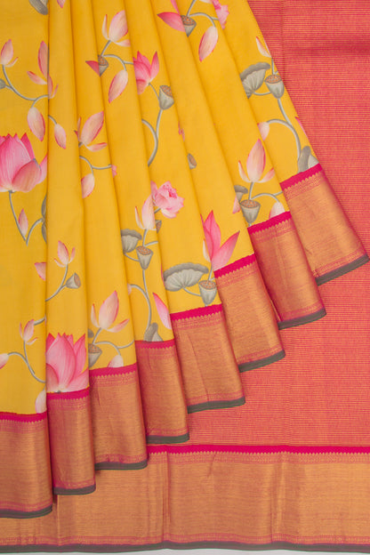 Kanchipuram Silk Floral Printed Yellow Saree
