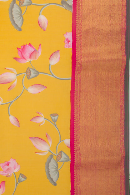 Kanchipuram Silk Floral Printed Yellow Saree