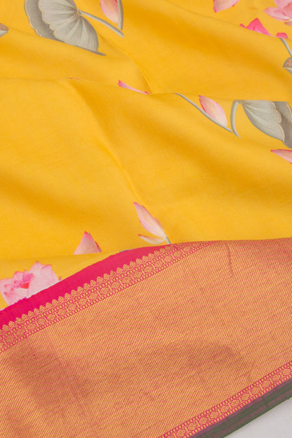 Kanchipuram Silk Floral Printed Yellow Saree