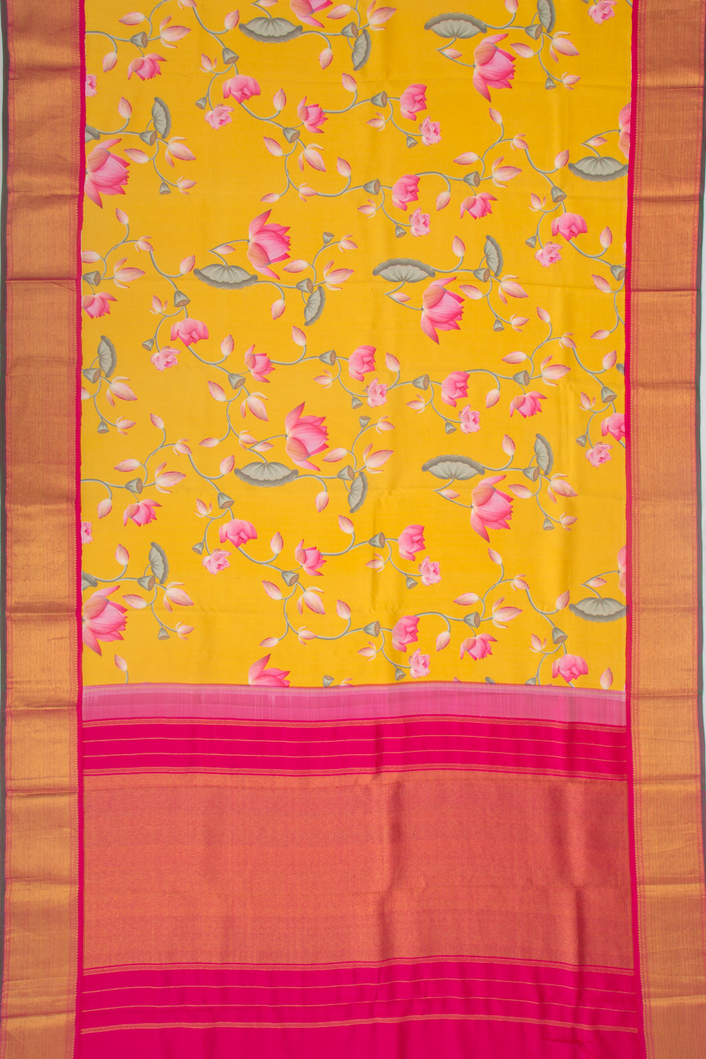 Kanchipuram Silk Floral Printed Yellow Saree
