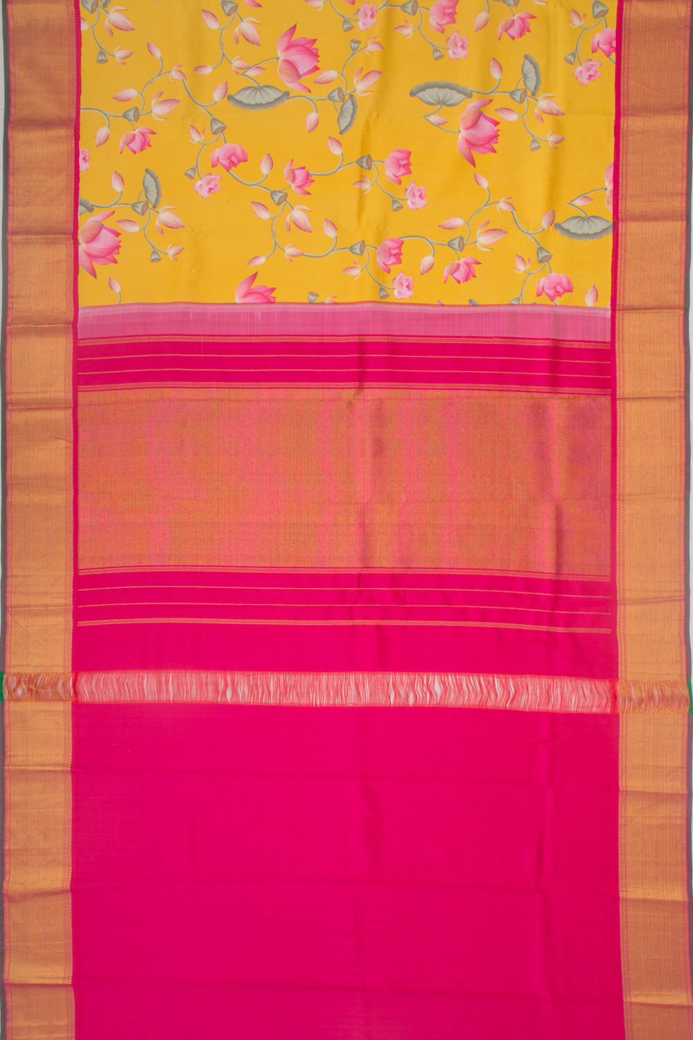 Kanchipuram Silk Floral Printed Yellow Saree