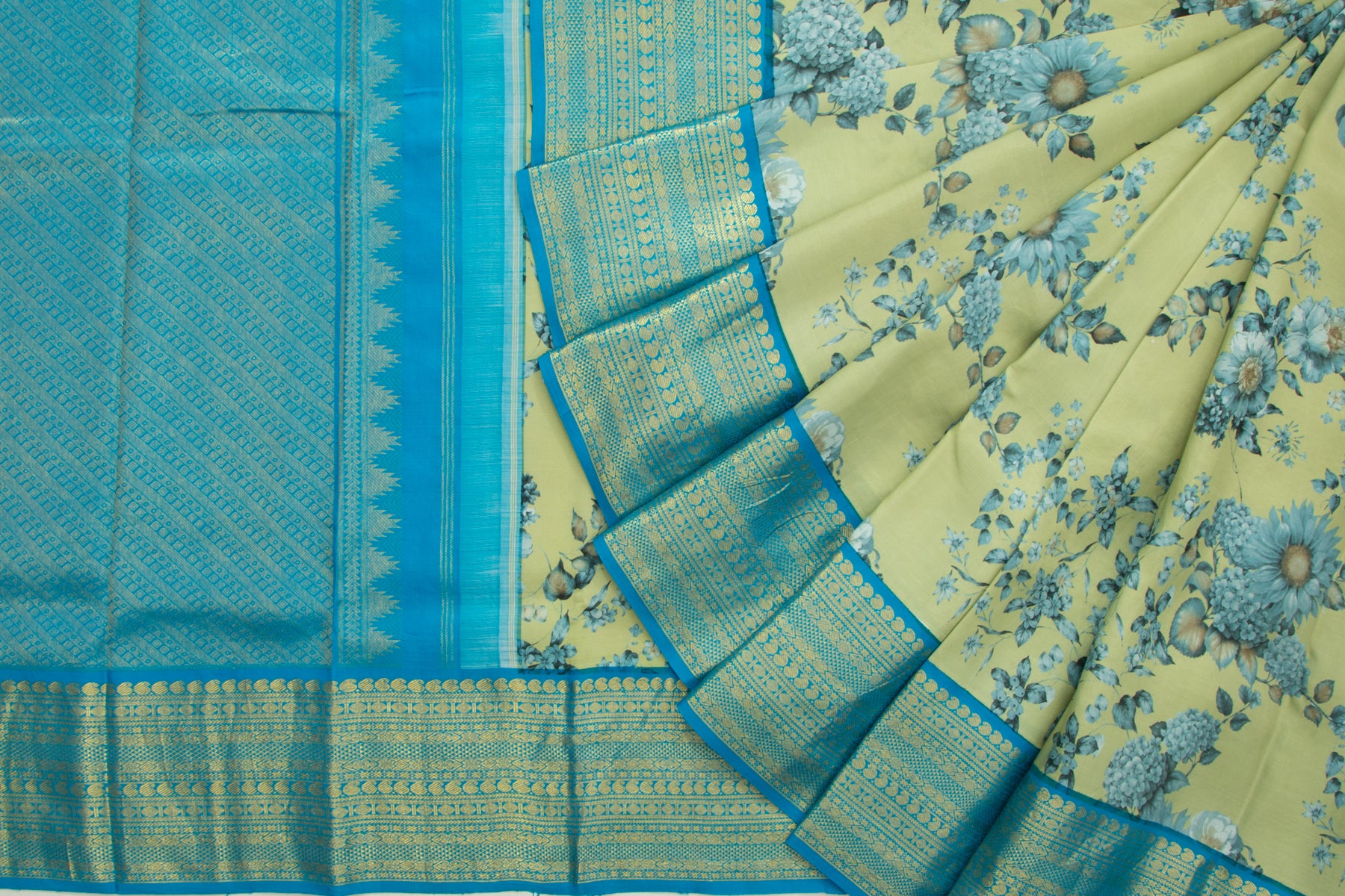 Kanchipuram Silk Floral Printed Green Saree