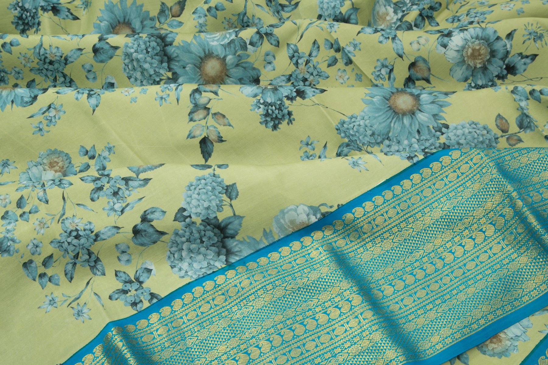 Kanchipuram Silk Floral Printed Green Saree